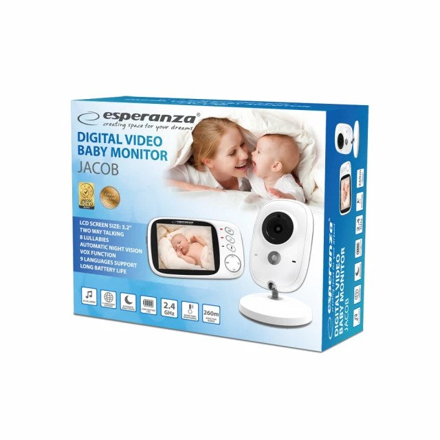 Confezione di un baby monitor video digitale Esperanza JACOB con telecamera e schermo.