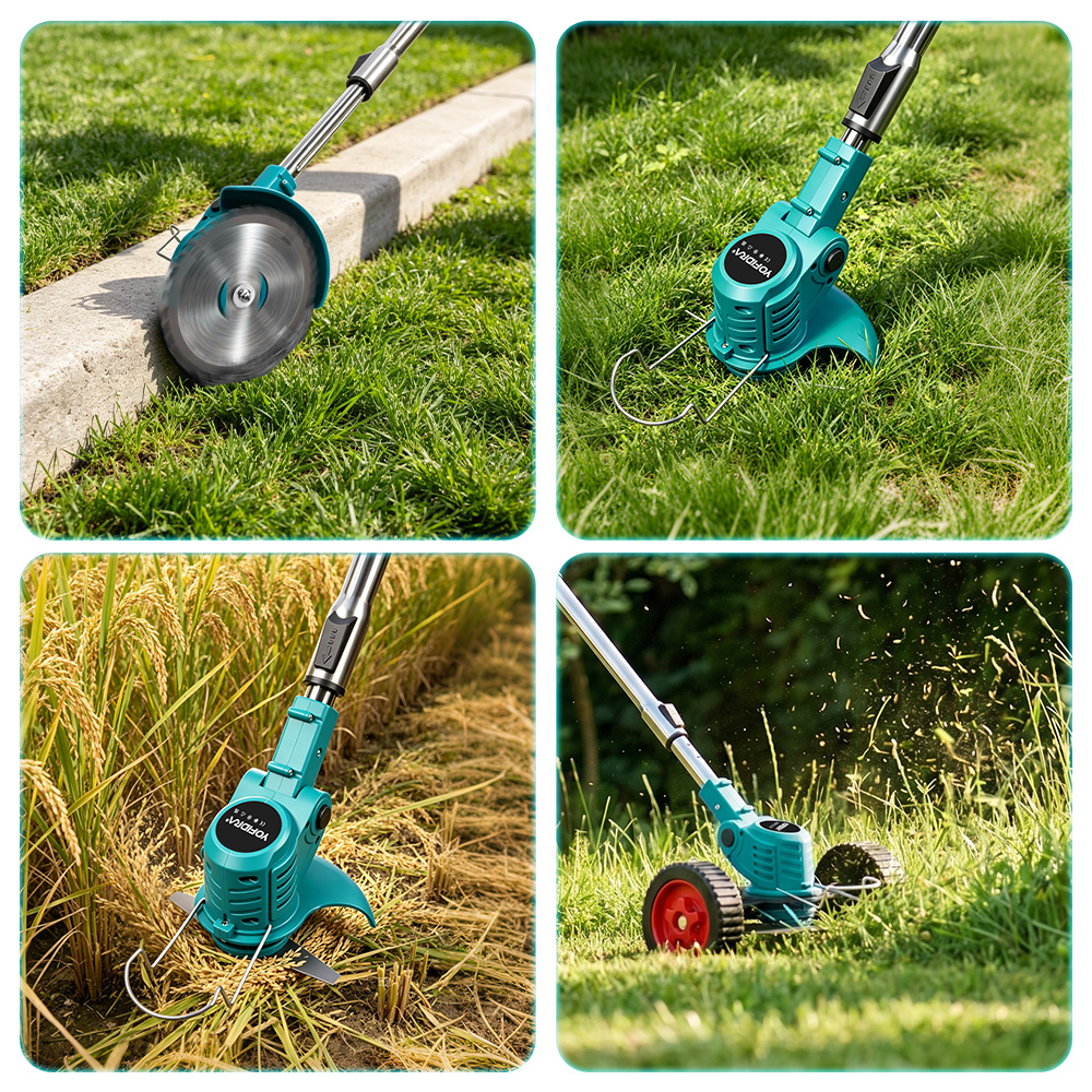Ein Rasentrimmer mit Scheibe an einer Kante, mit Gras und Beton.