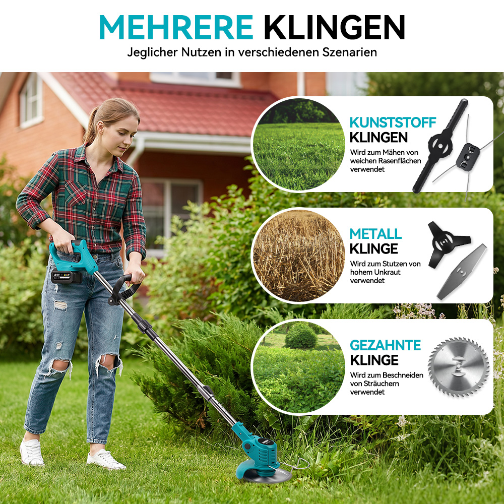 Eine Frau benutzt einen Rasentrimmer mit verschiedenen Klingentypen im Garten.