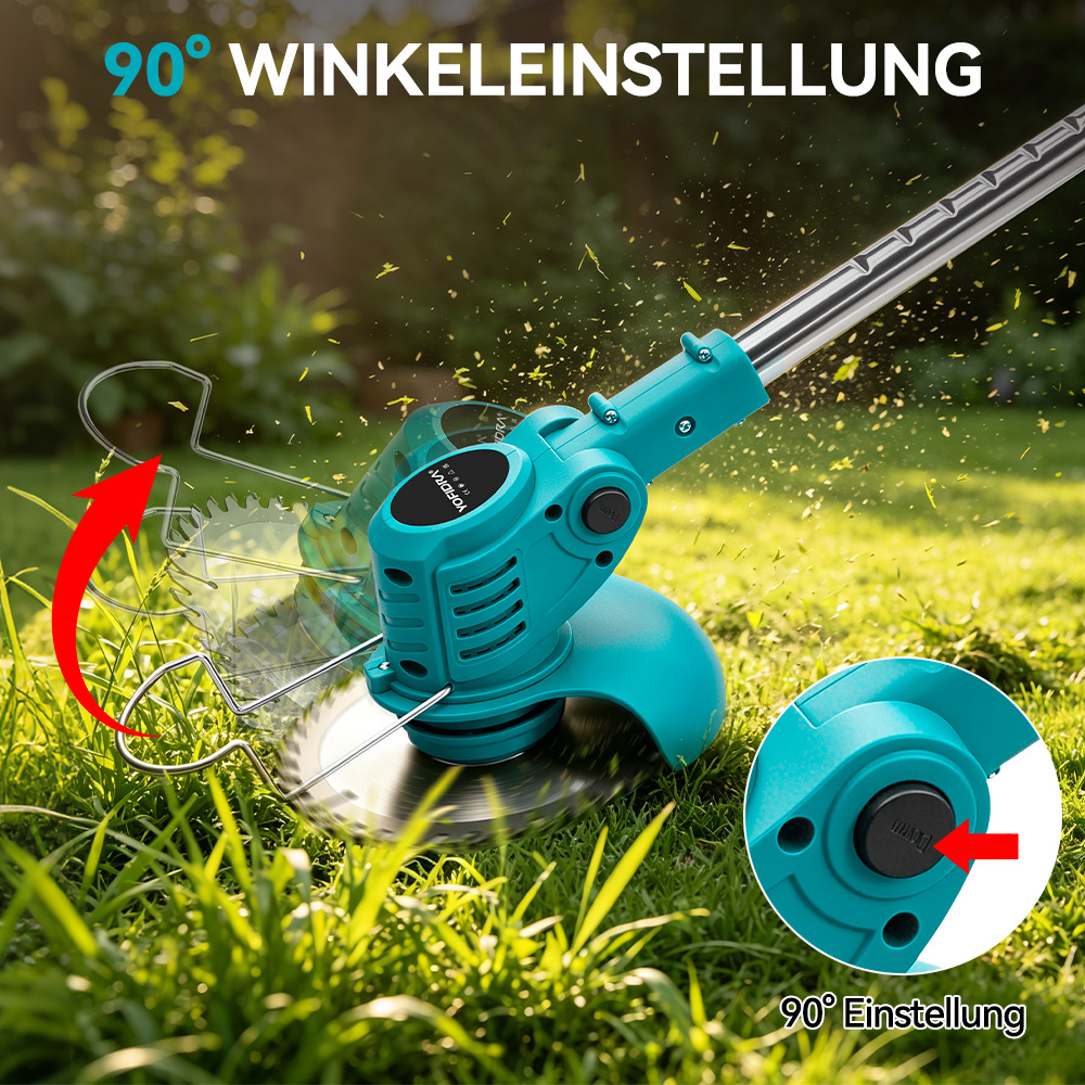 Ein türkiser Rasentrimmer schneidet Gras, mit Pfeil, der 90° Winkel anzeigt.