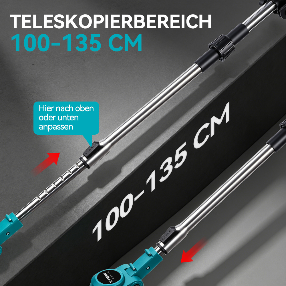 Teleskopstange: 100-135 cm, anpassbar. Mit roten Pfeilen und Text.