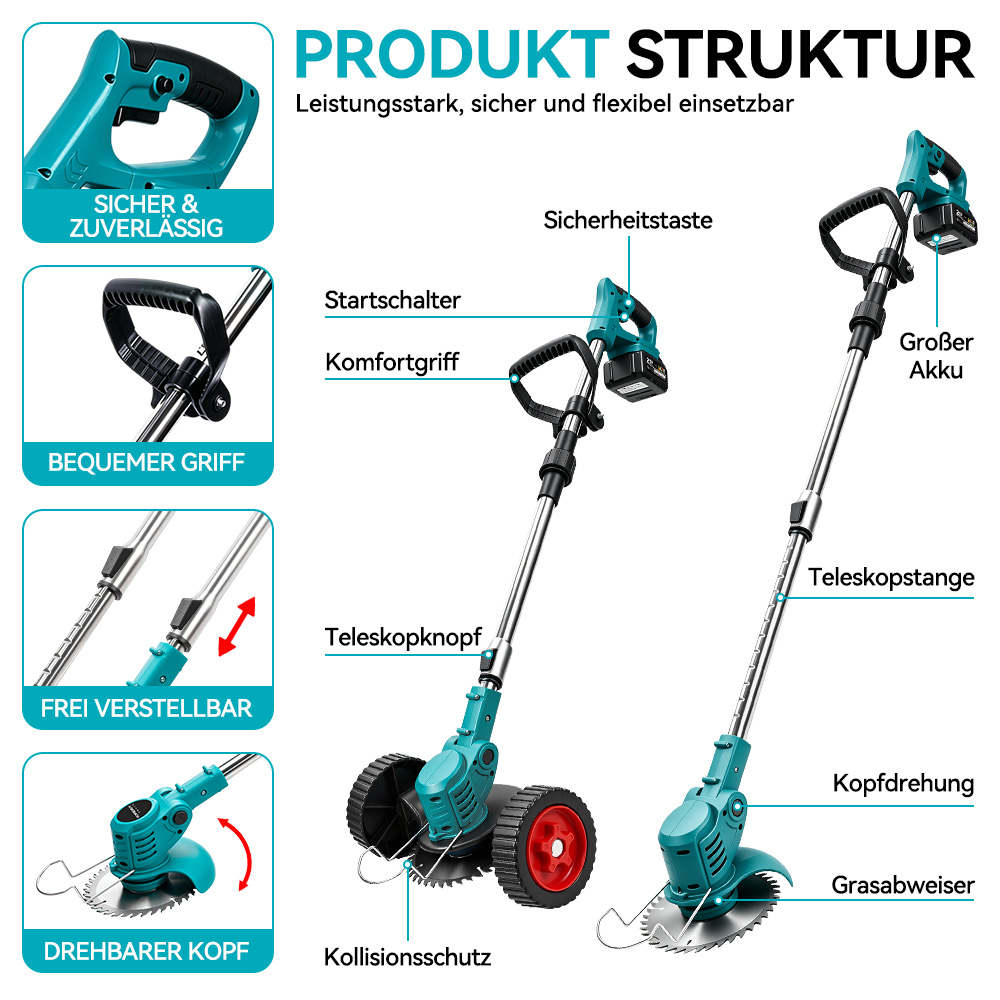 Zwei grüne Trimmer mit Rädern, Akku und Griffen. Produktstruktur wird erklärt.