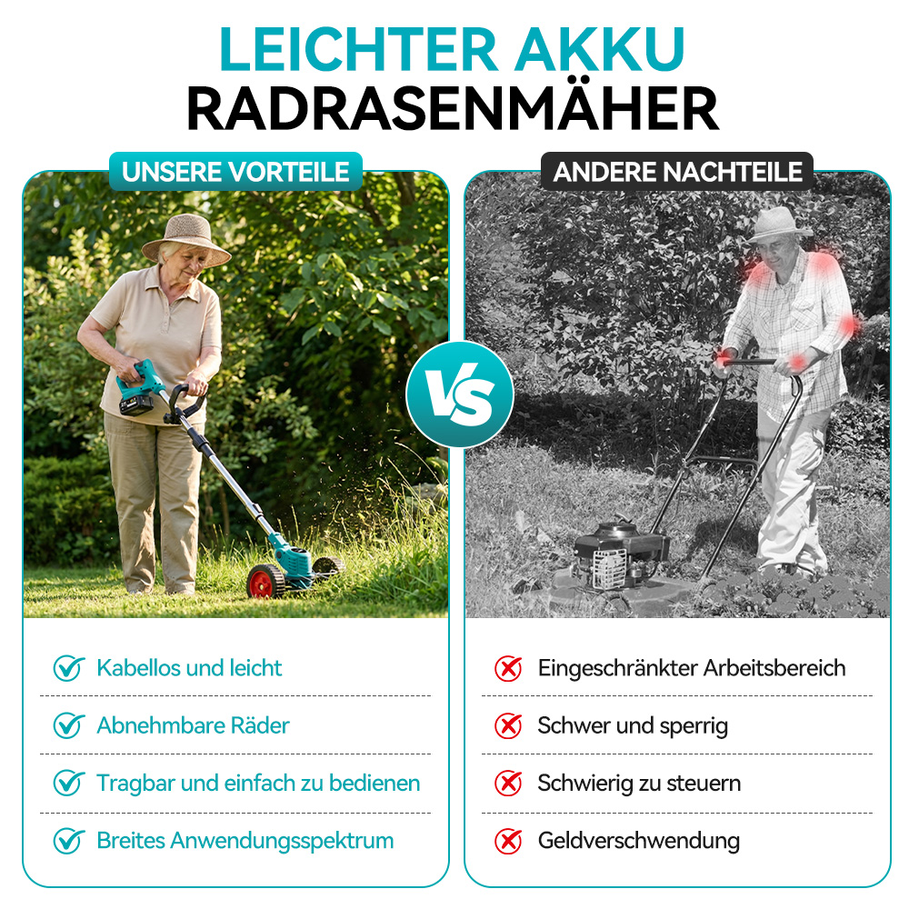 Vergleich: Leichter Akku-Rasenmäher vs. Nachteile anderer Rasenmäher.