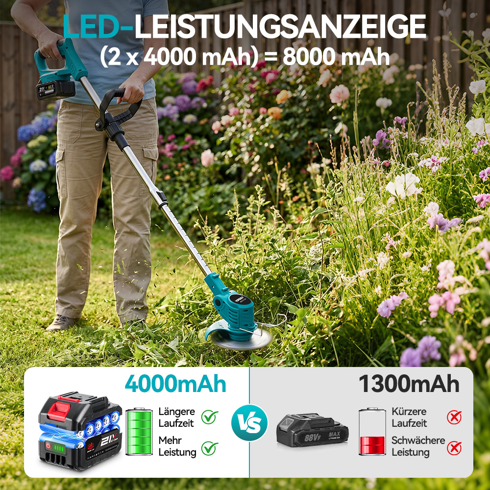 Grasmäher mit 4000mAh Akku im Garten. Vergleich mit 1300mAh Akku.