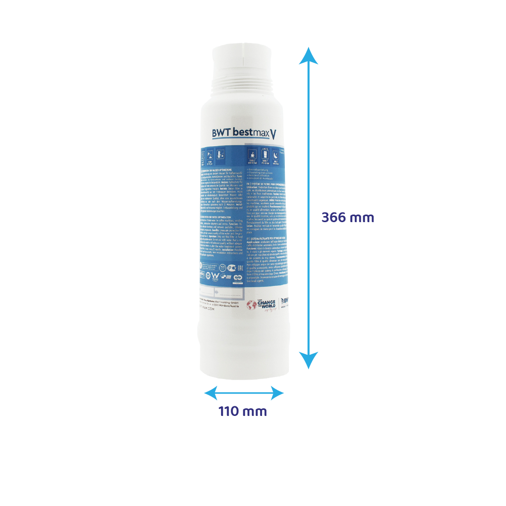 Ein weißer Wasserfilter von BWT bestmaxV, 366 mm hoch und 110 mm breit.