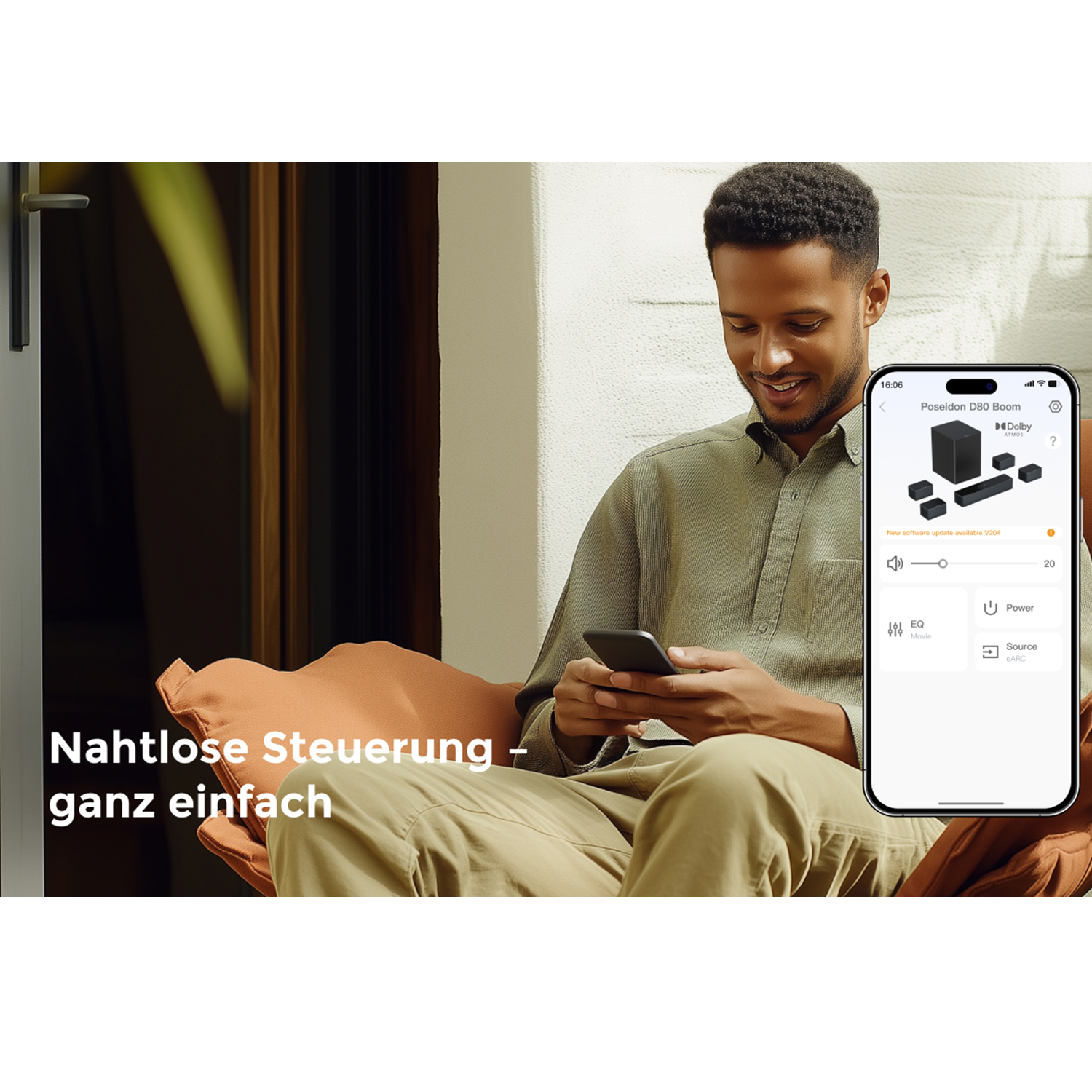 Mann mit Smartphone, das Poseidon D80 Boom-App steuert. Nahtlose Steuerung.