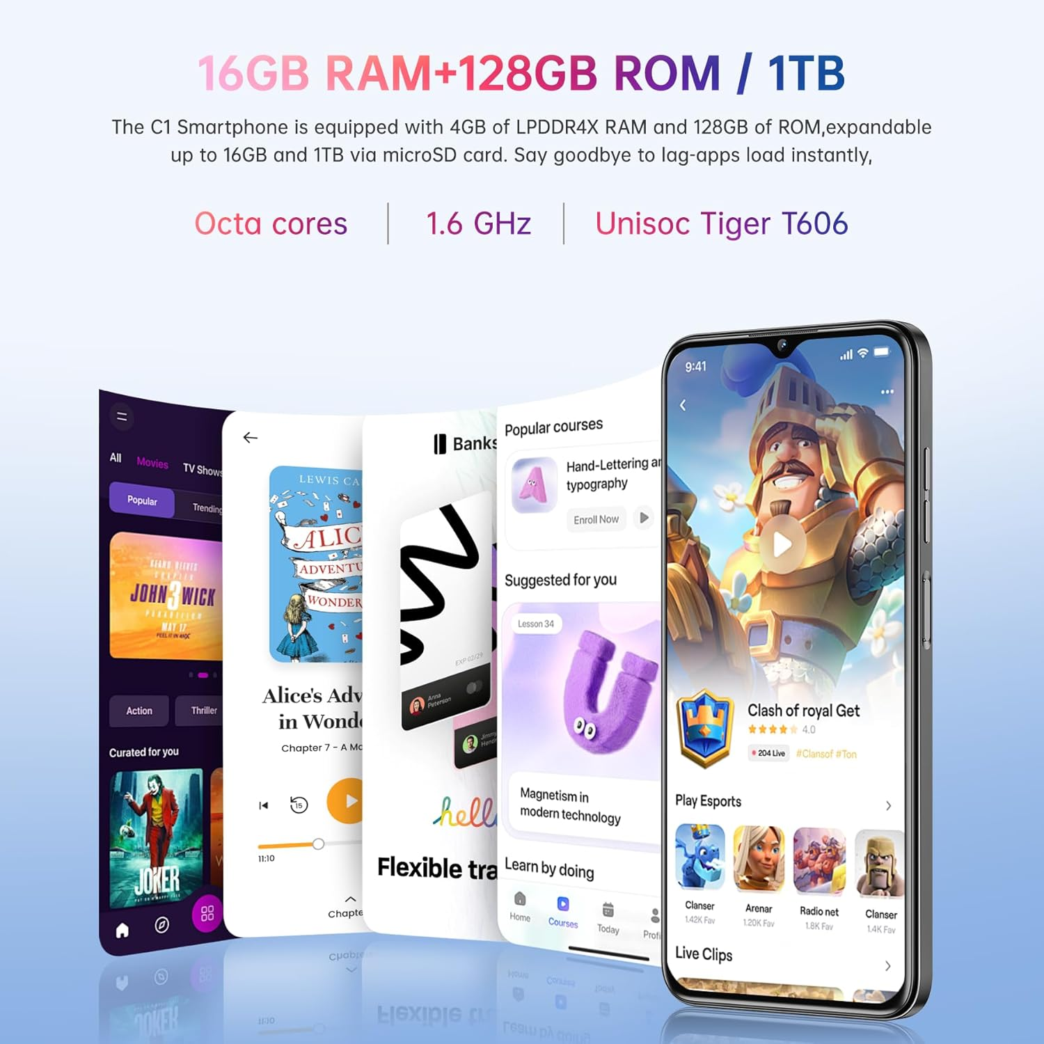 Anuncio de smartphone que muestra especificaciones y vistas previas de apps.