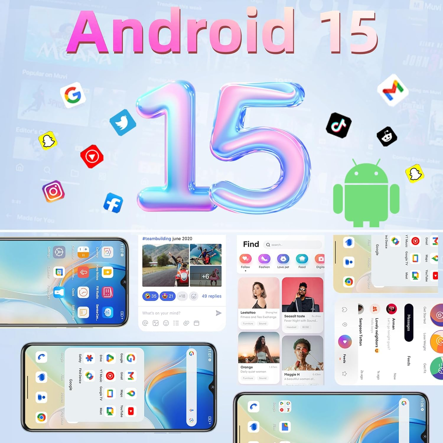 Logotipo de Android 15 con íconos de aplicaciones y capturas de pantalla.