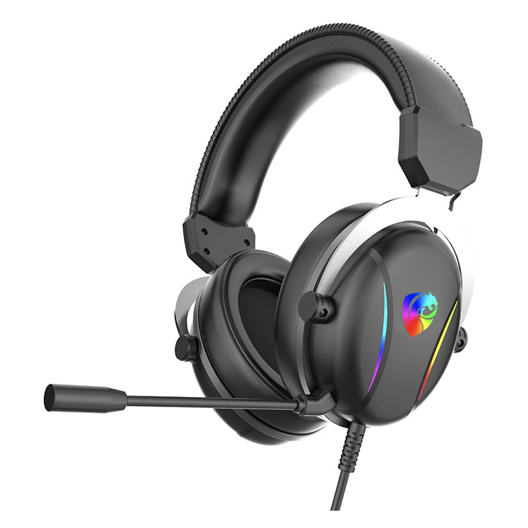 Cuffie da gaming nere con microfono e logo arcobaleno.