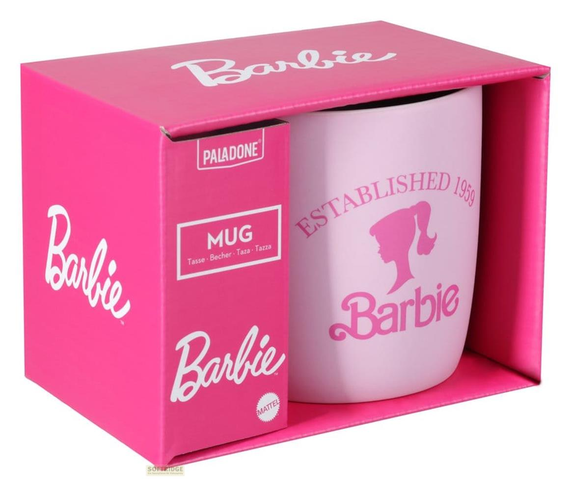 Różowy kubek Barbie w opakowaniu z logo Barbie.