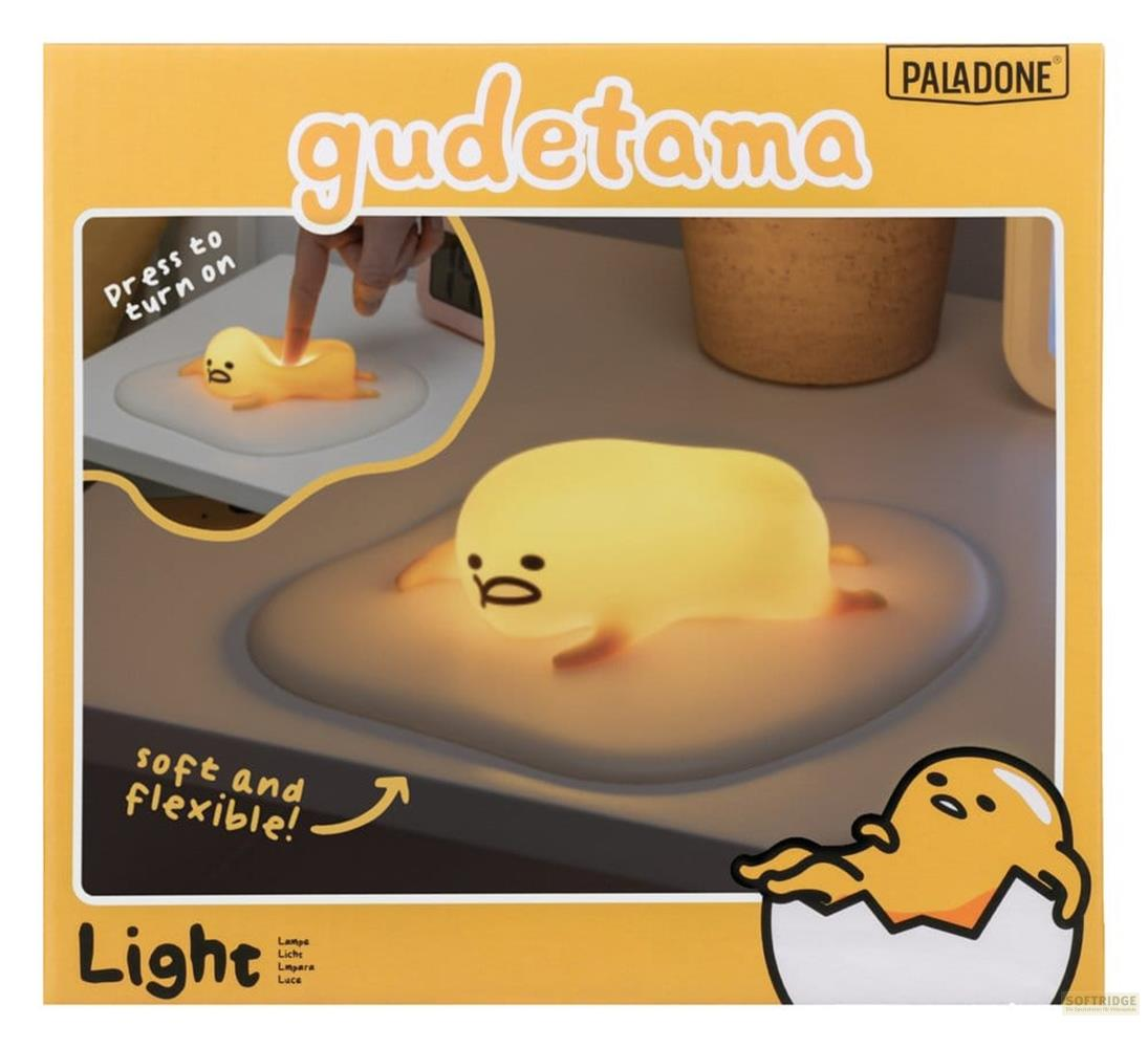 Gudetama Nachtlicht in Eiform mit Gesicht, leuchtet gelb. "Soft and flexible!"
