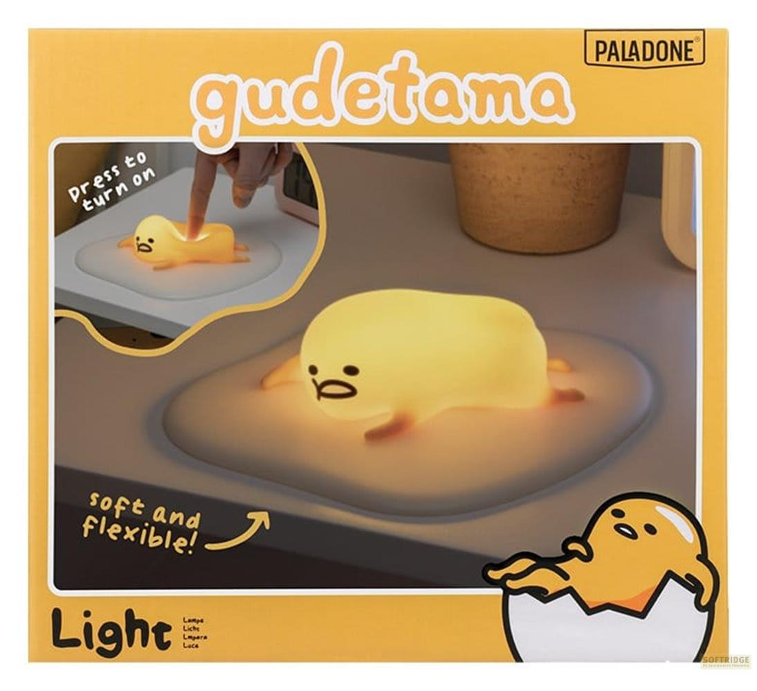 Gudetama Ei-Charakterlampe auf weißer Matte, mit Text und Verpackung.