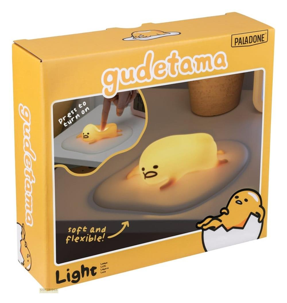 Gudetama-Lampe auf einer Eierschale auf gelber Verpackung. Paladone-Logo oben rechts.