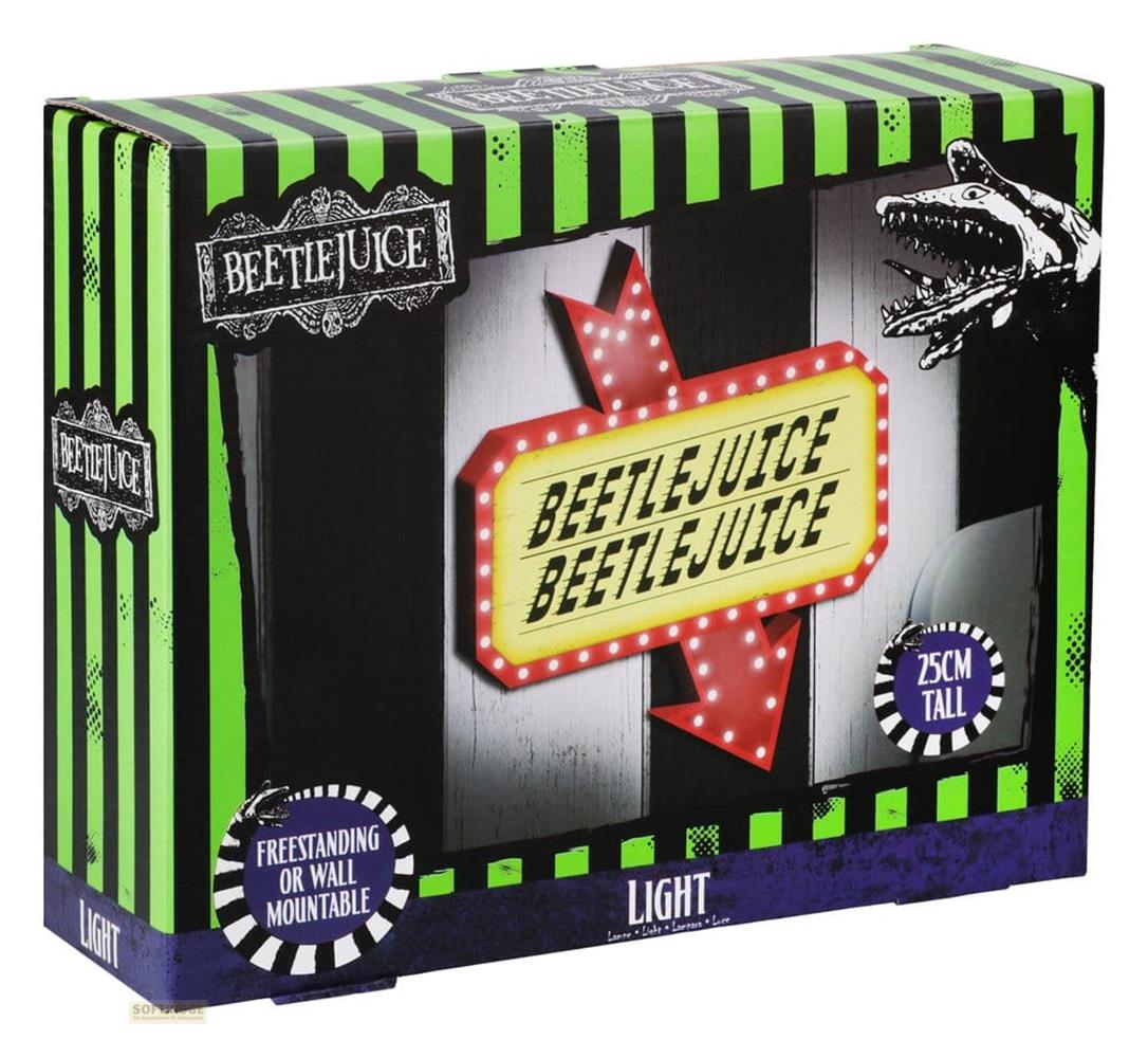 Beetlejuice-Verpackung mit Neonstreifen, Schild und einem Monster.