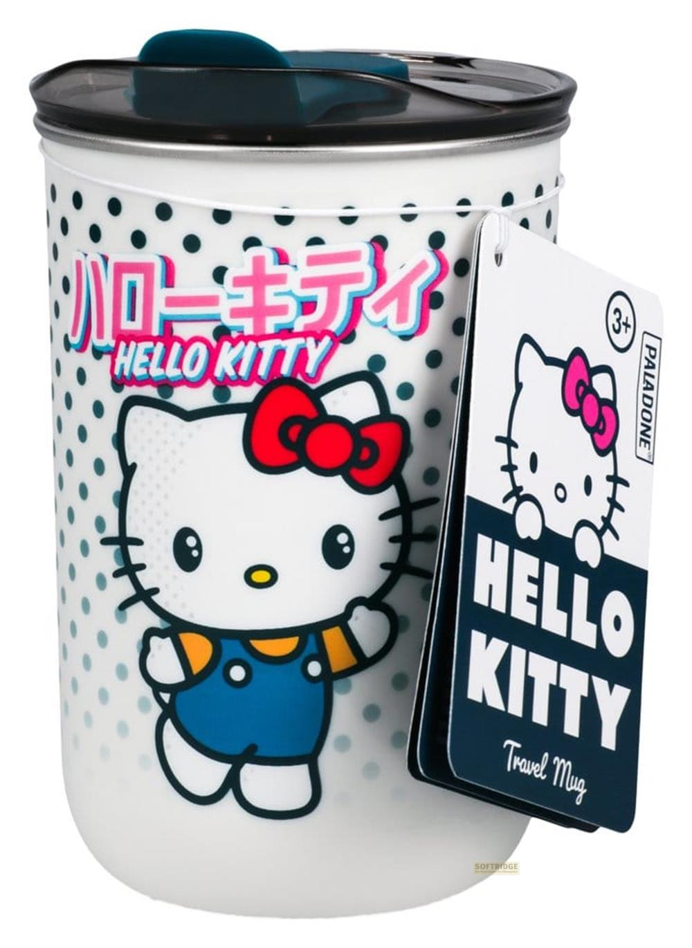 Biały kubek podróżny z Hello Kitty, kropkami i japońskim tekstem. Ciemna pokrywka.