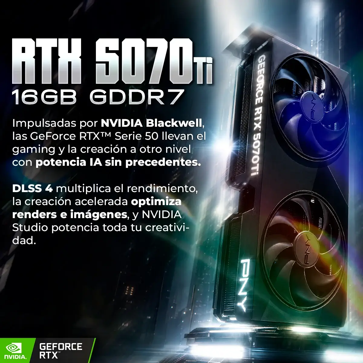Scheda grafica RTX 5070 Ti, 16GB GDDR7, illuminata con ventole.
