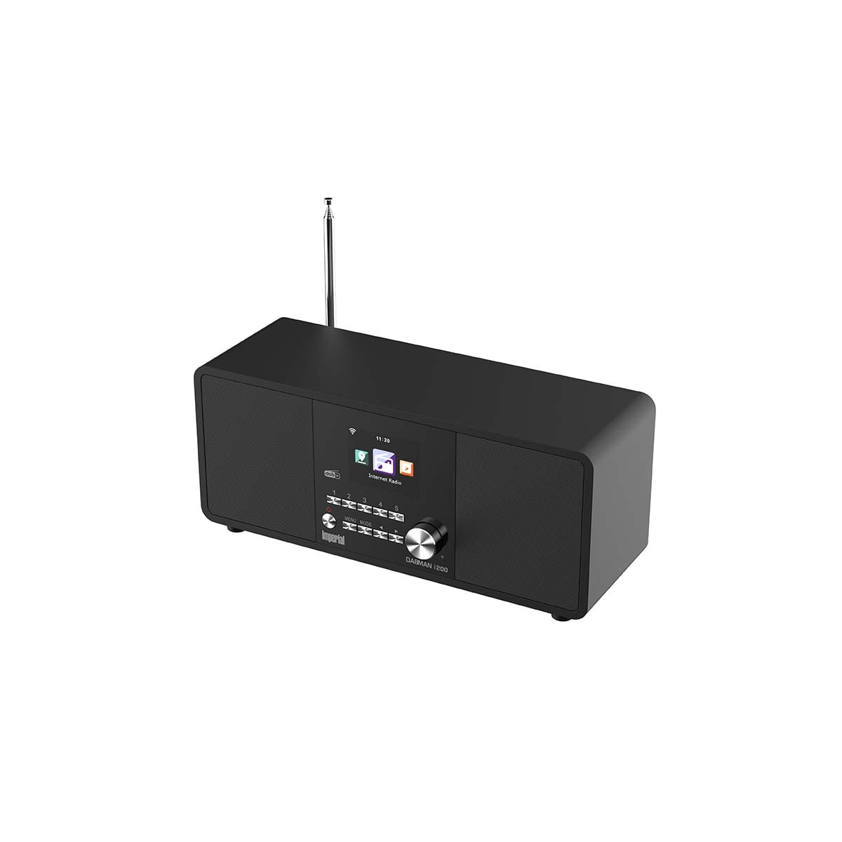 Una radio de internet DAB negra con antena desplegable y pantalla pequeña.