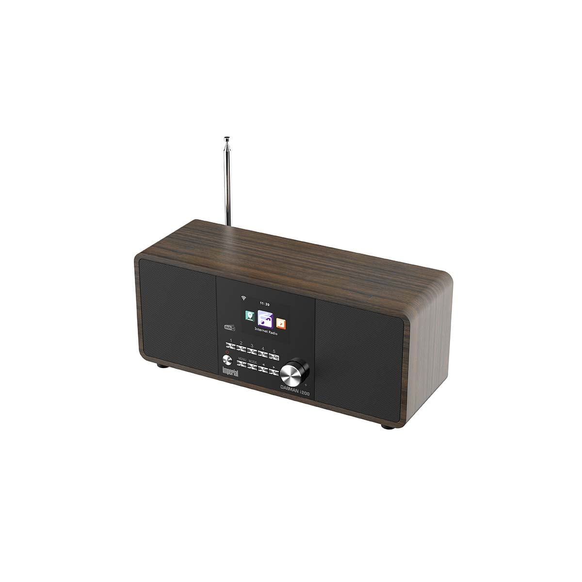 Una radio in legno con antenna e schermo che mostra la radio internet.