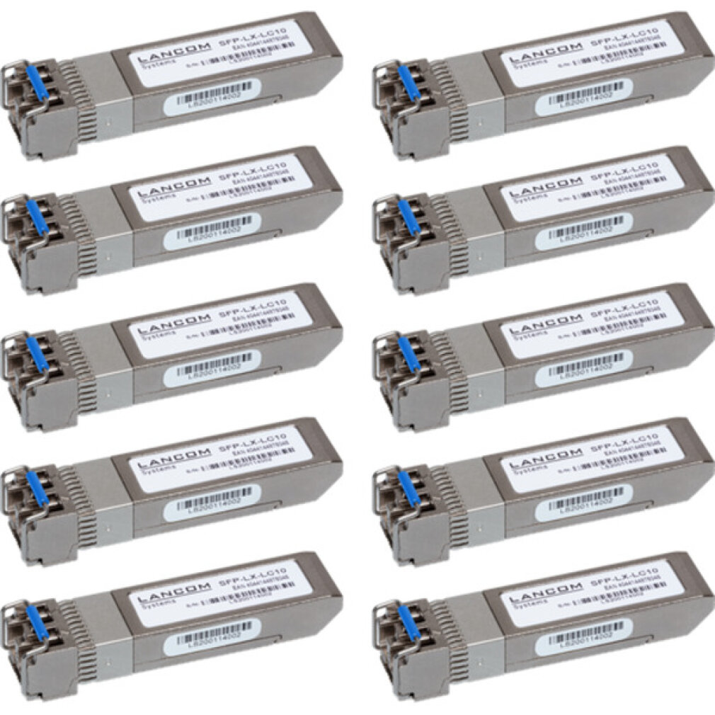 Zehn silberne LANCOM SFP-LX-LC10 Module mit blauen Laschen.