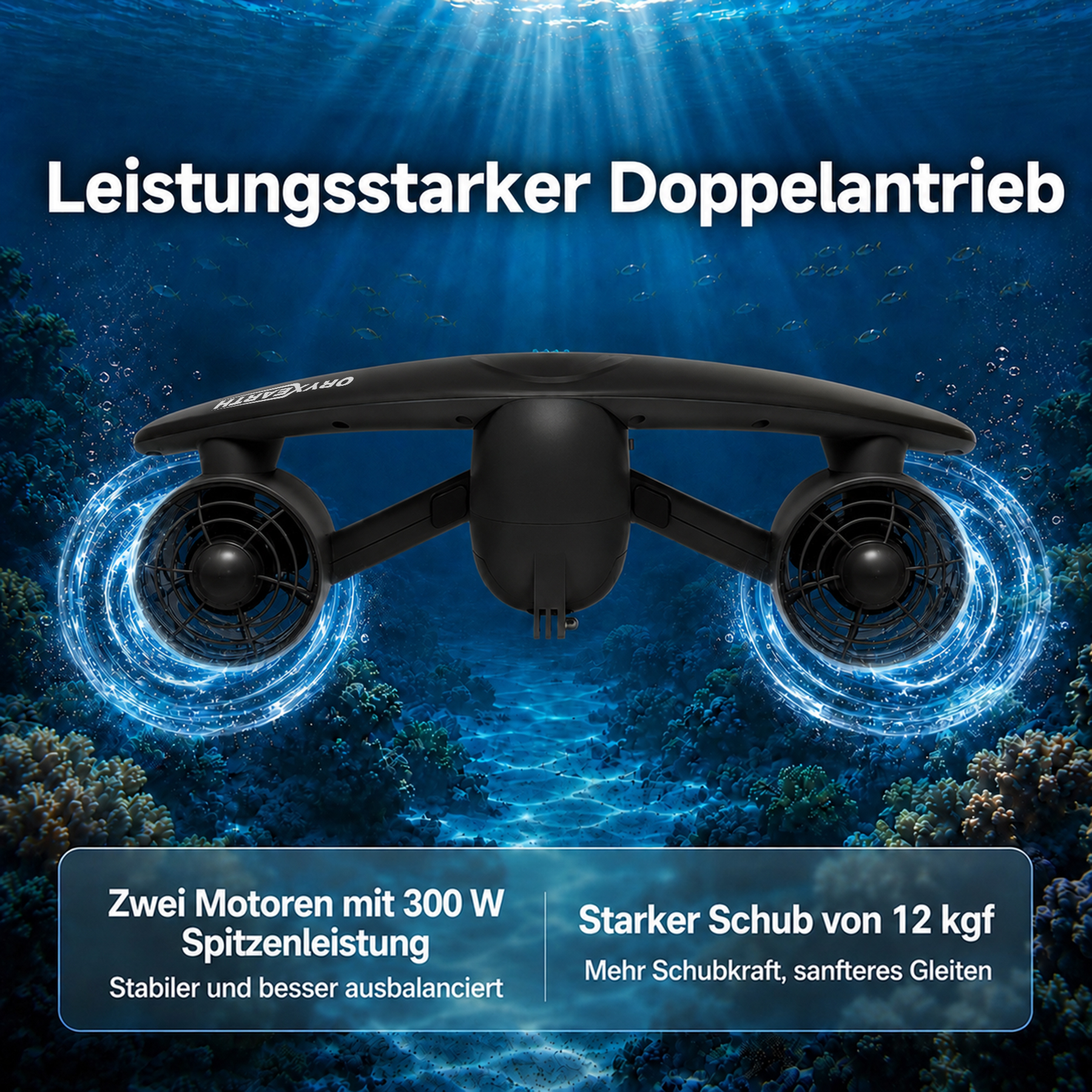Unterwasser-Scooter mit Doppelantrieb, Korallenriff und Fische.