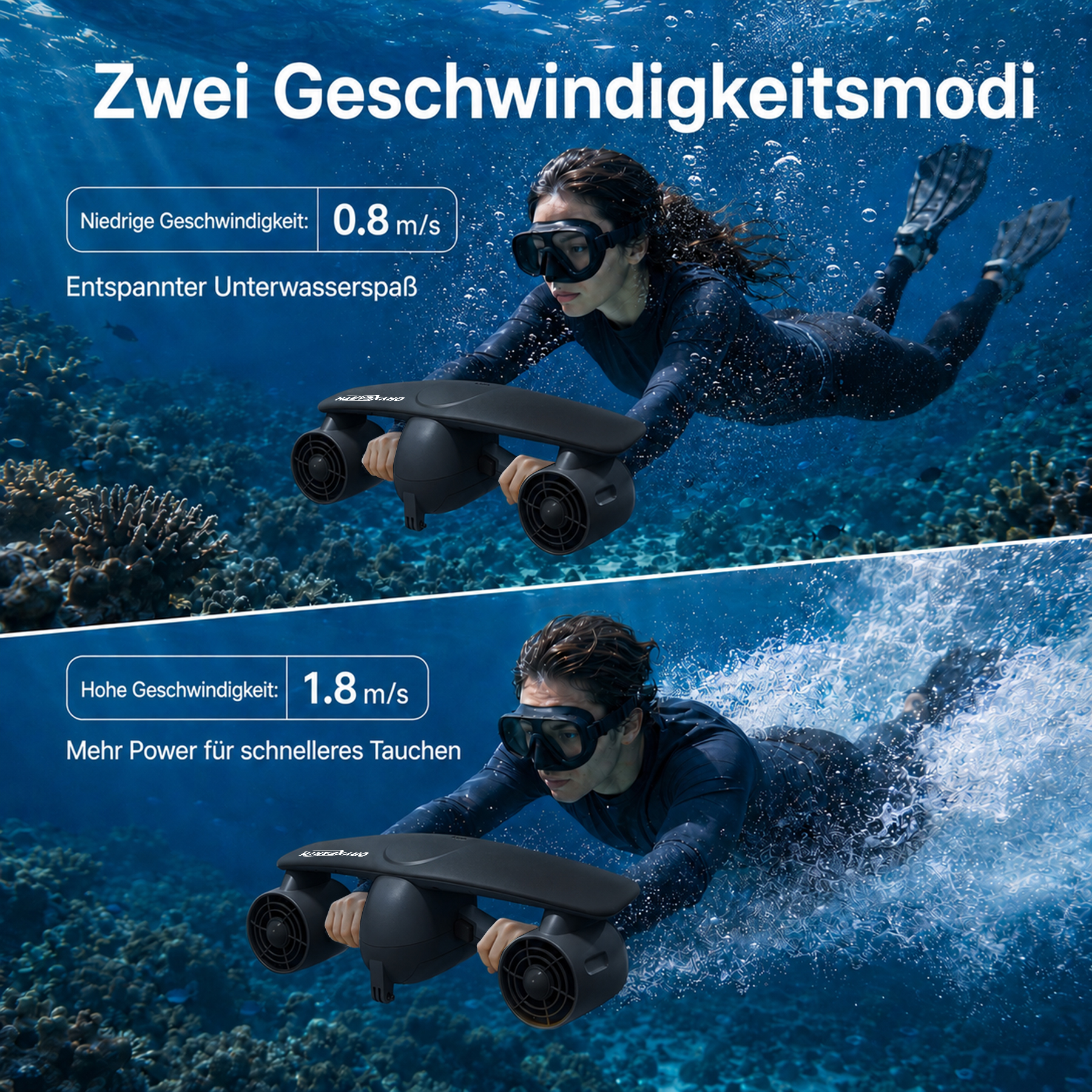 Zwei Unterwasser-Scooter mit unterschiedlichen Geschwindigkeiten: 0.8 m/s und 1.8 m/s.