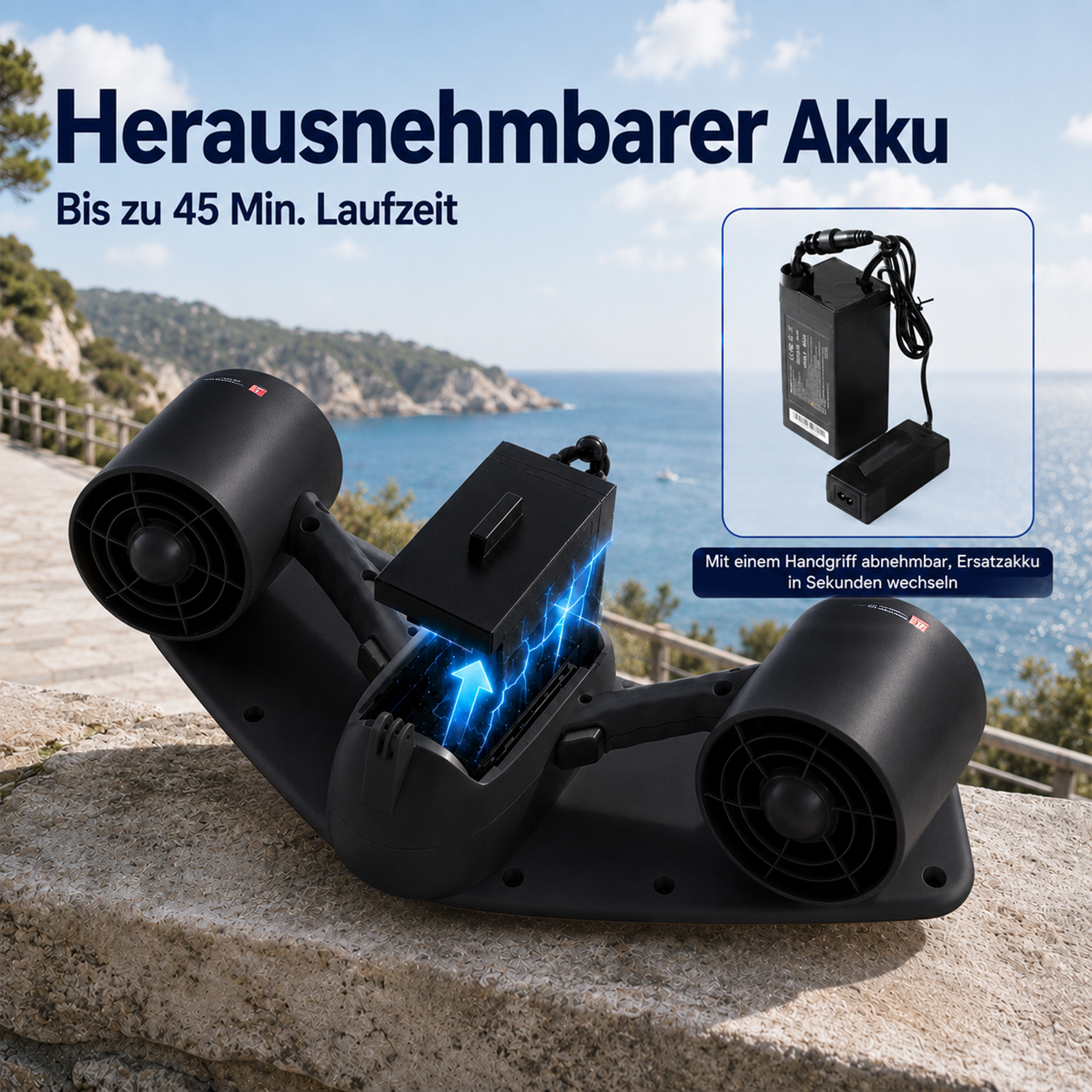 Schwarzer Unterwasser-Scooter mit herausnehmbarem Akku, im Hintergrund Meer.