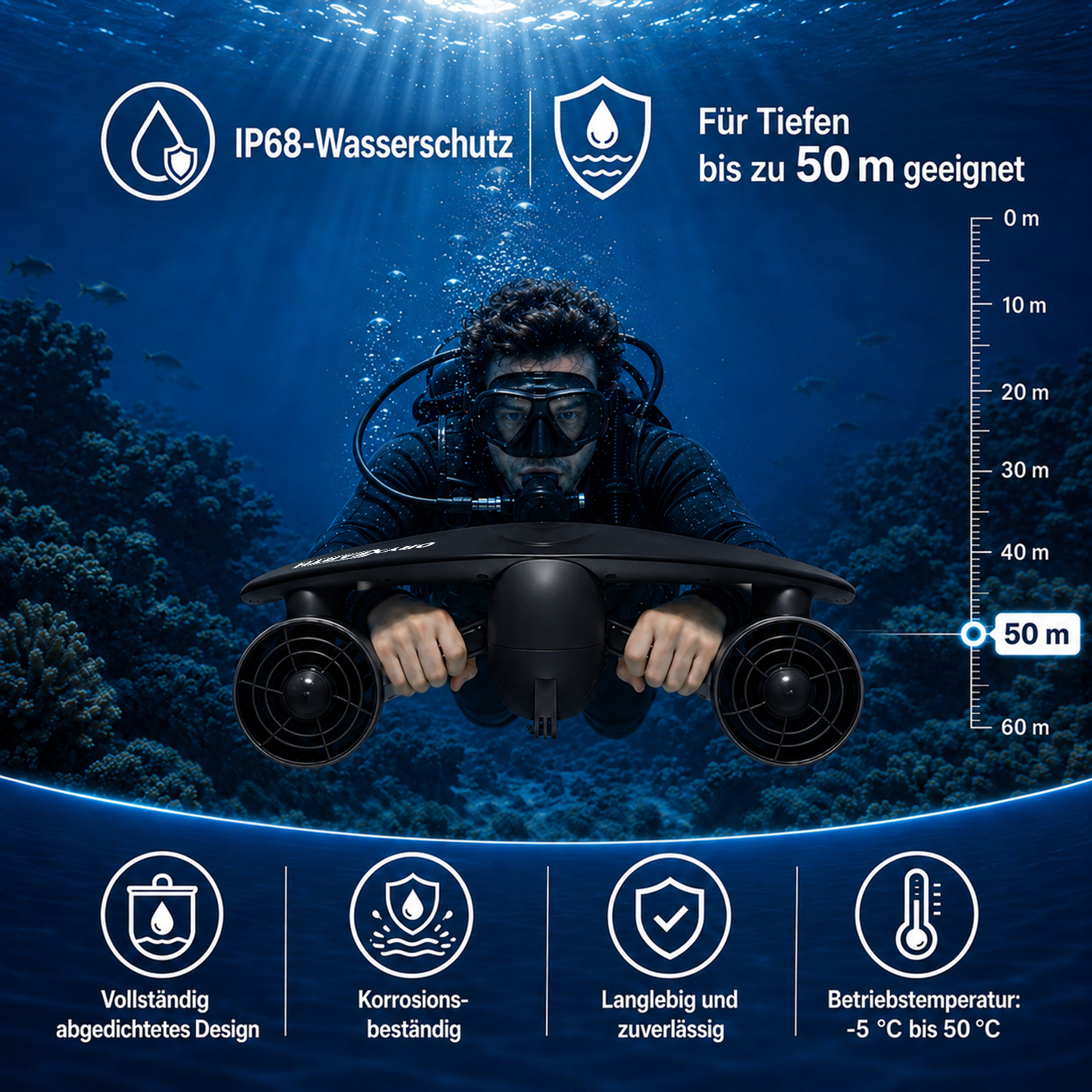 Ein Taucher mit einem Unterwasser-Scooter schwimmt in 50 m Tiefe vor Korallen.