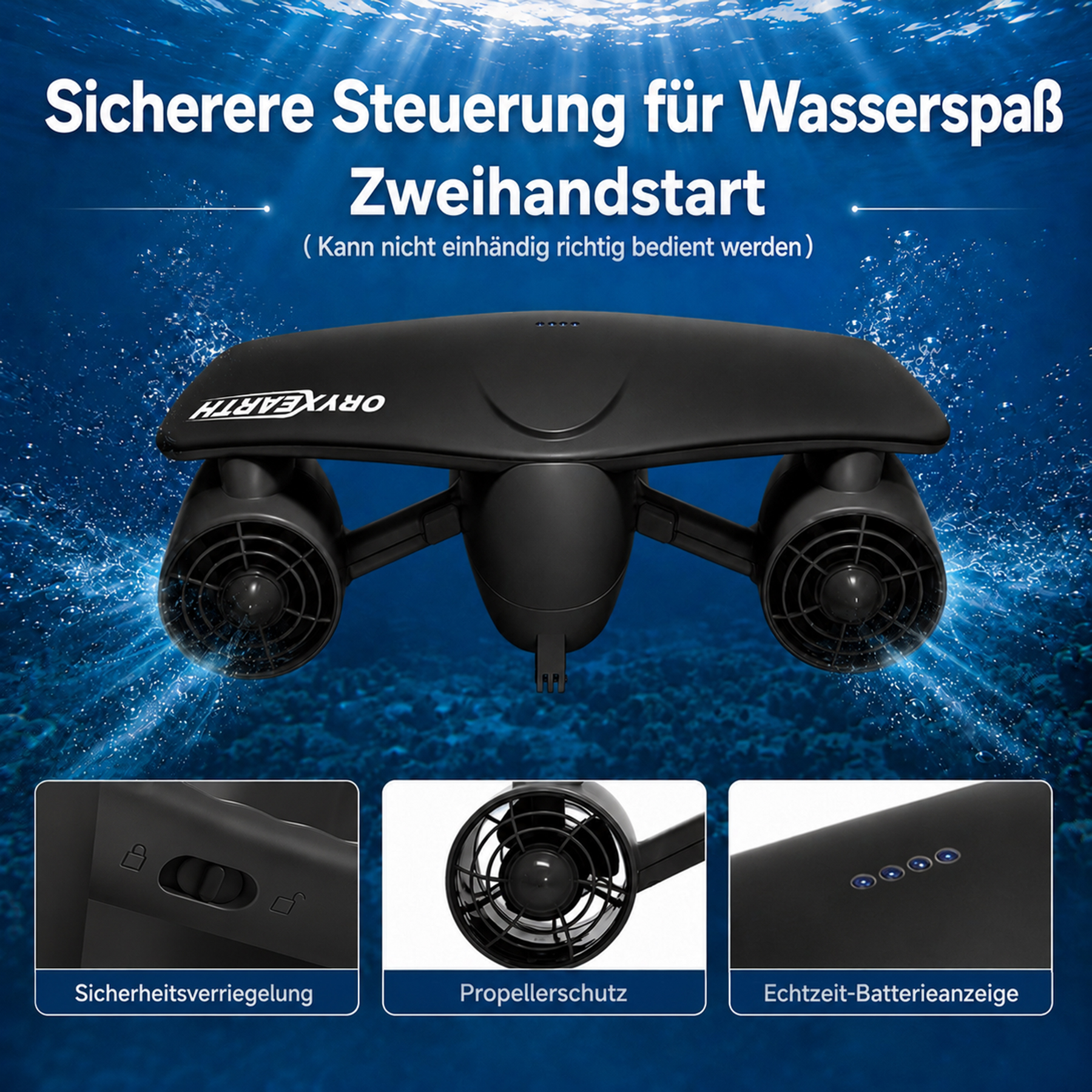 Schwarzer Unterwasserroller mit zwei Propellern, simuliert Wasserspaß.