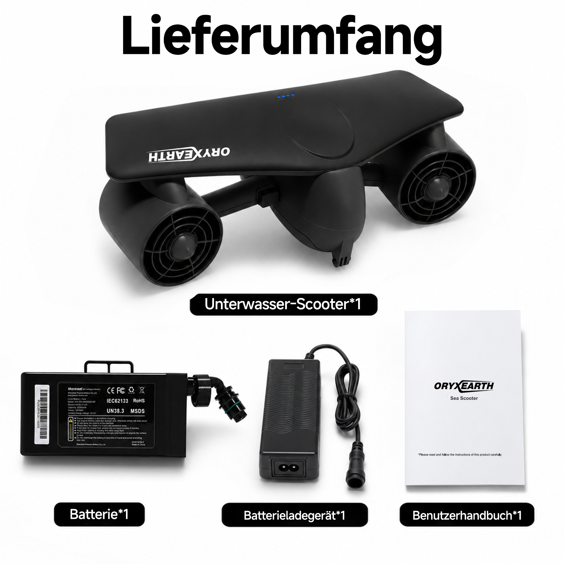 Ein schwarzer Unterwasser-Scooter mit Zubehör: Batterie, Ladegerät und Handbuch.