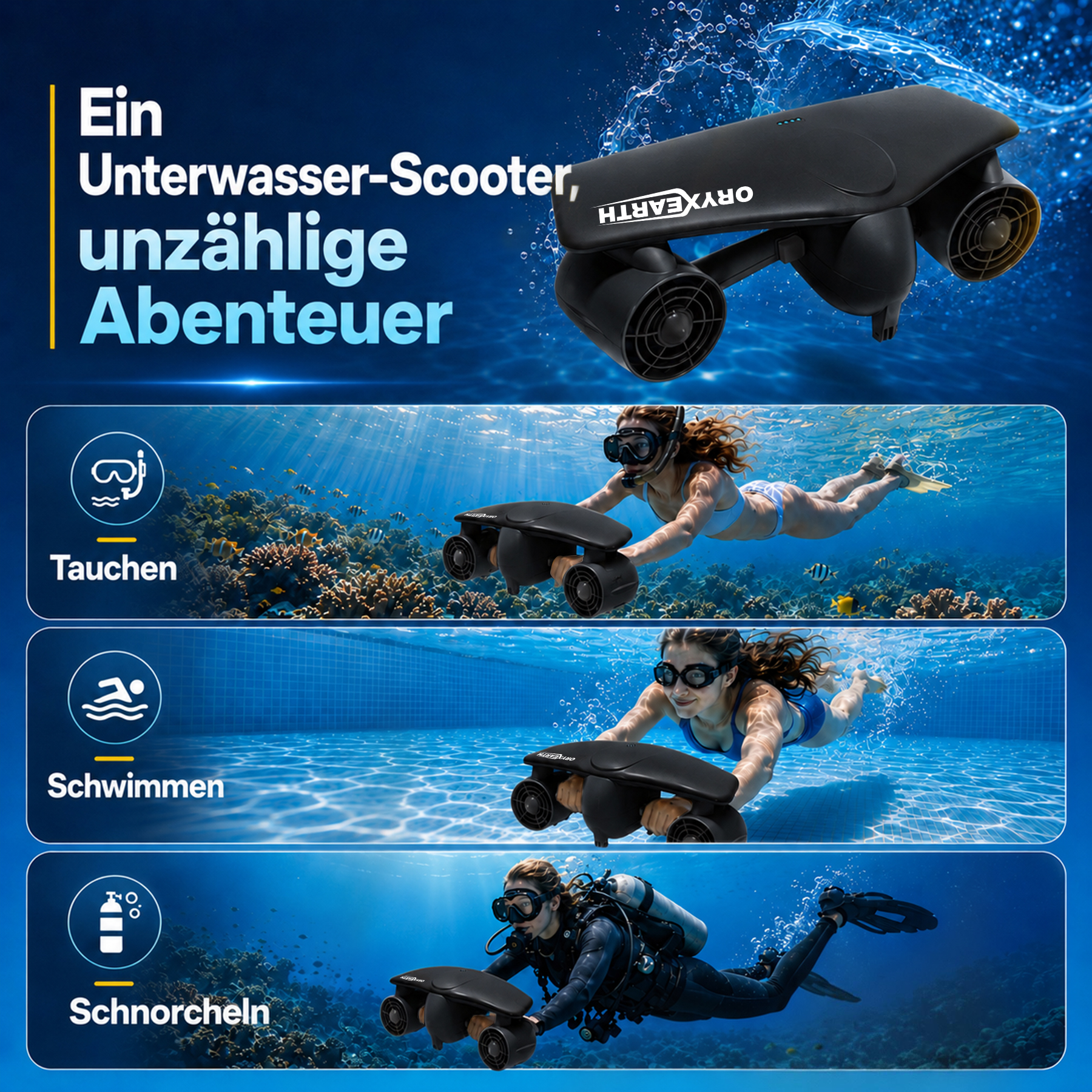 Ein schwarzer Unterwasser-Scooter mit zwei Personen in verschiedenen Wasserszenarien.