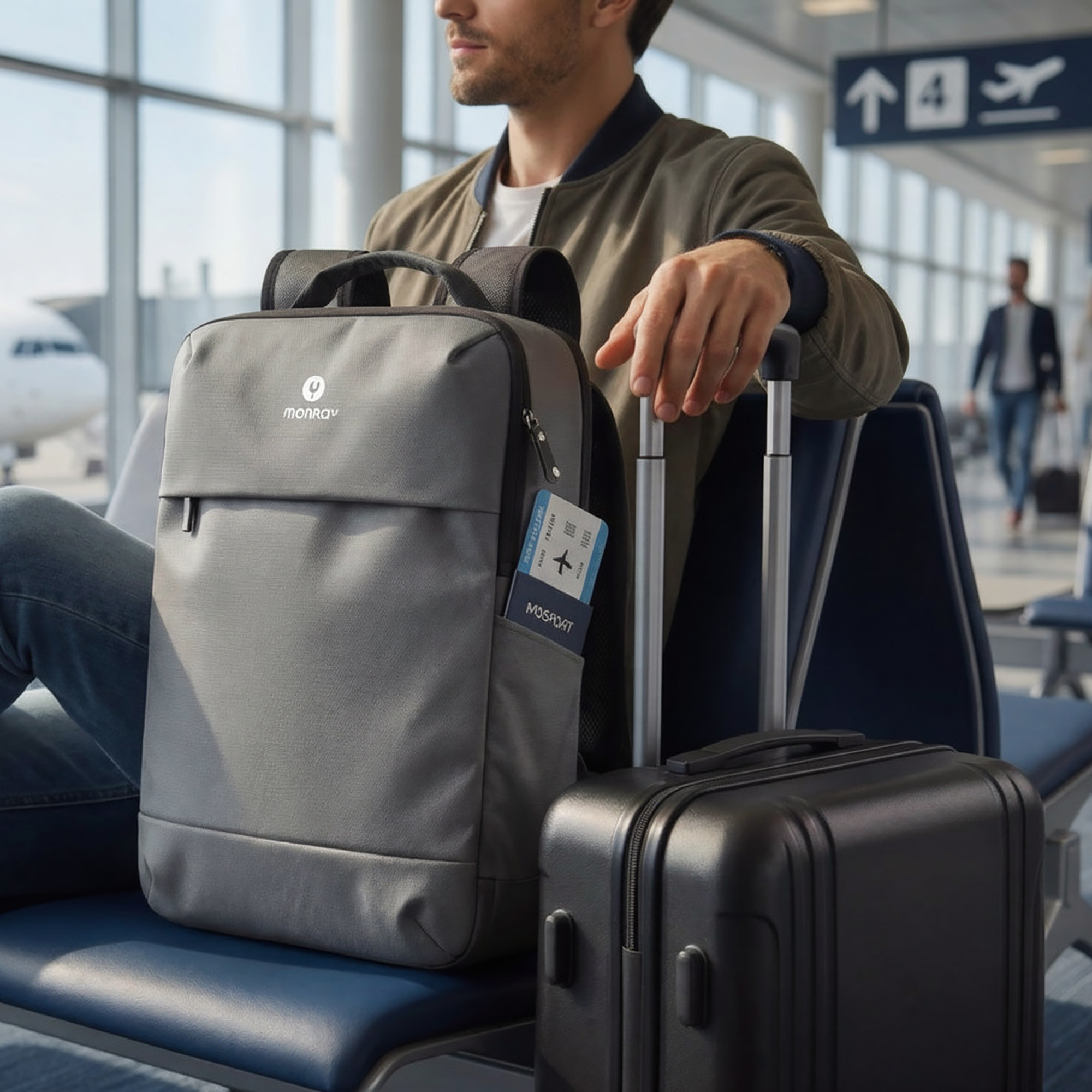 Hombre en aeropuerto con mochila gris y maleta negra, esperando.