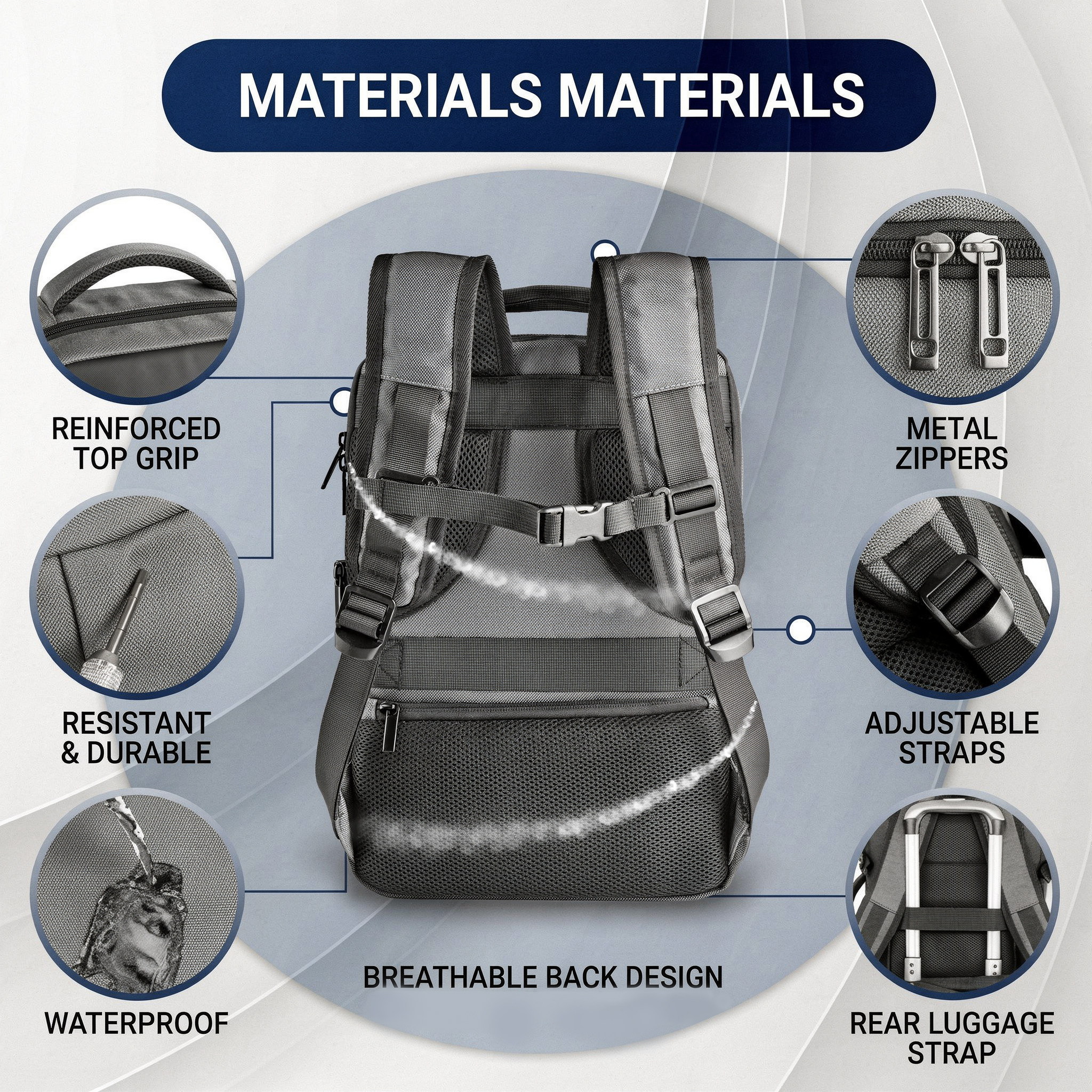 Mochila gris con asa superior reforzada, cremalleras metálicas, correas ajustables y correa para equipaje.