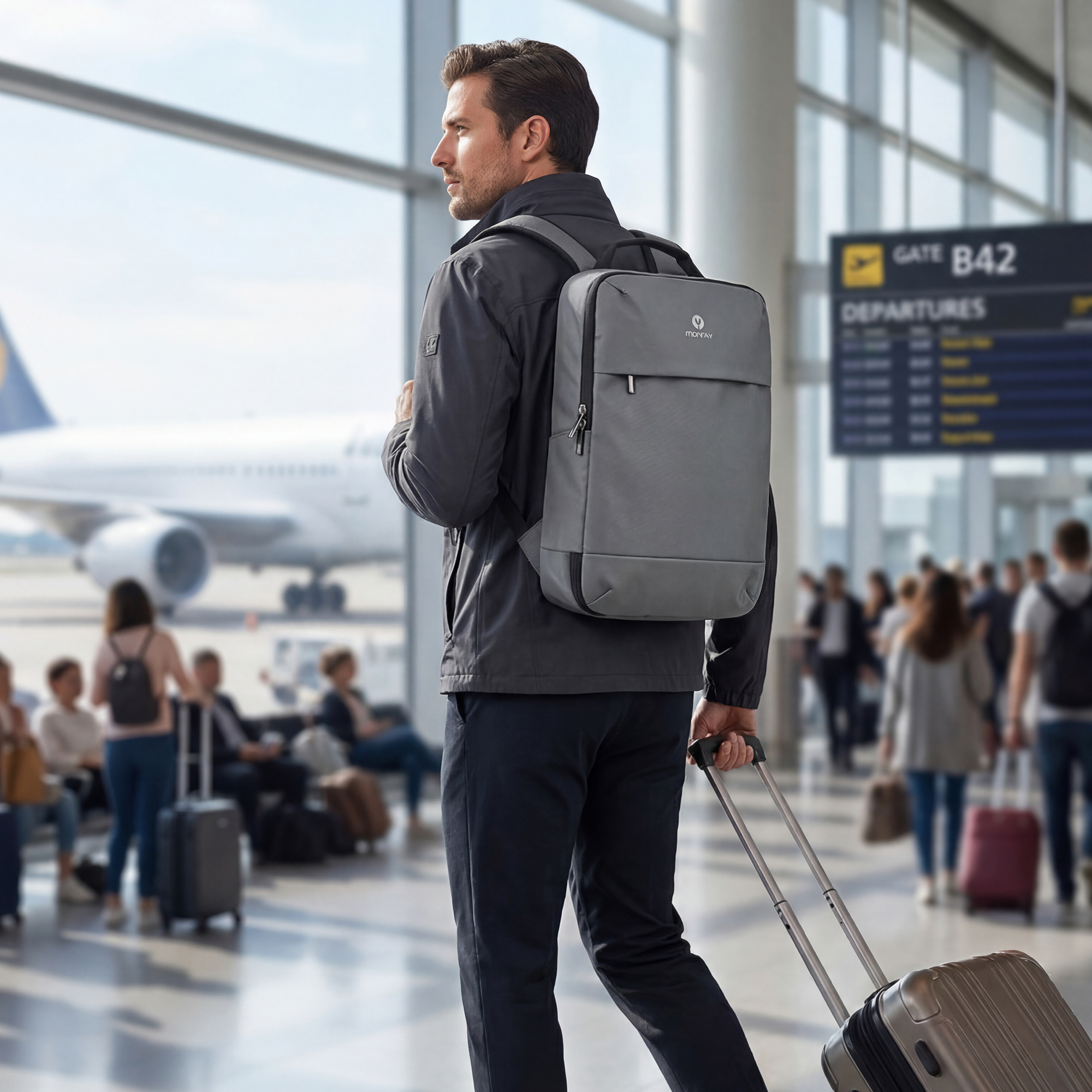 Hombre con mochila y carrito en aeropuerto, con avión y panel de salidas.