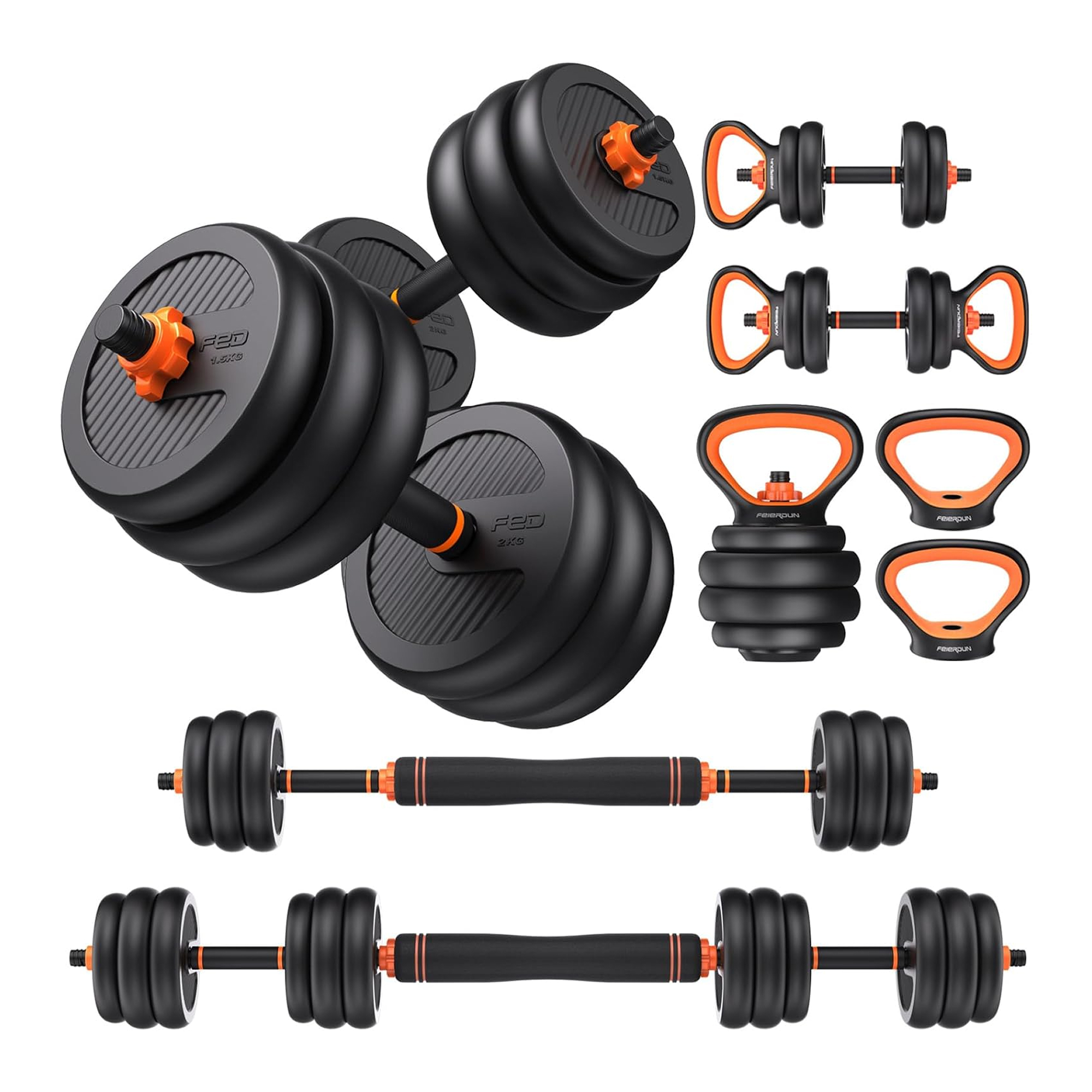 Manubri e kettlebell neri e arancioni su sfondo bianco.