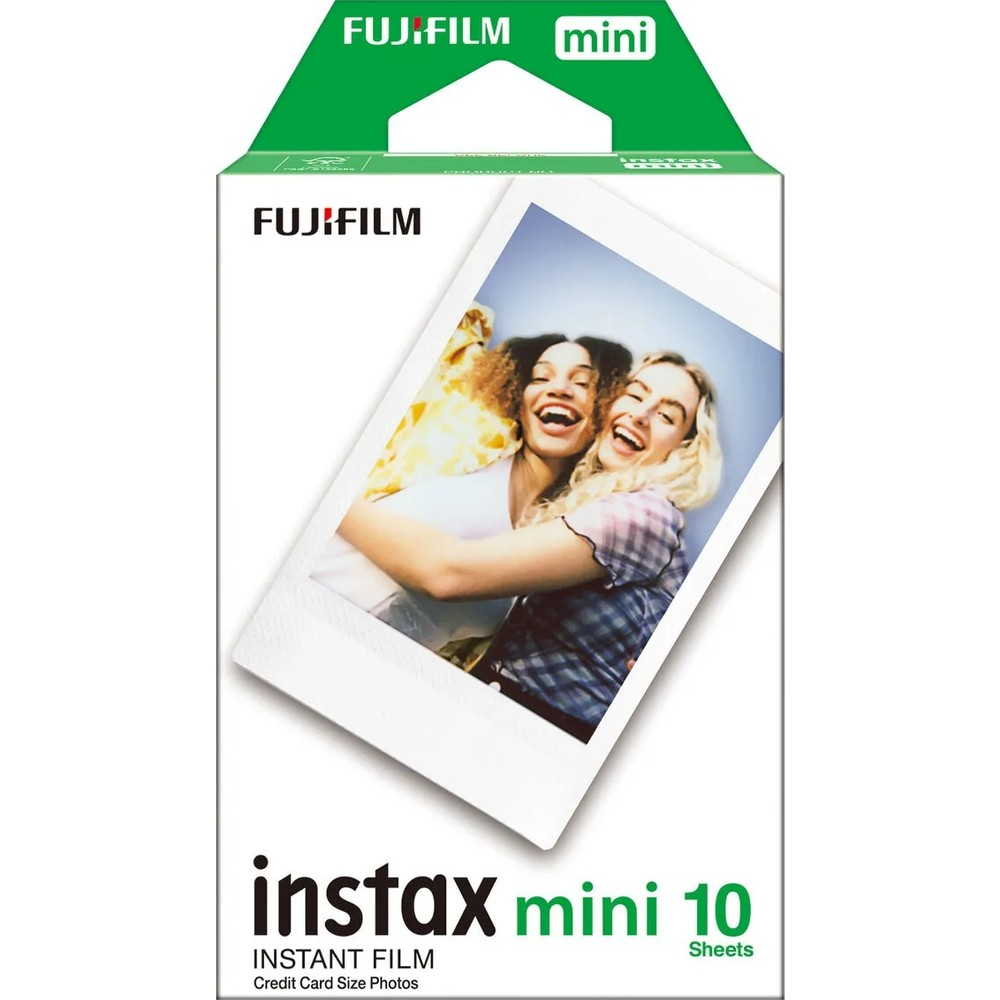 Üzerinde iki gülen kadın bulunan Fujifilm Instax Mini 10 paketi.