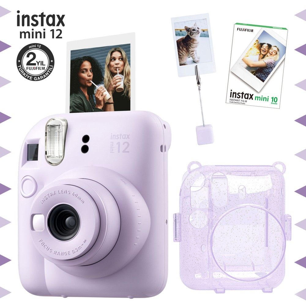 Lavanta rengi Instax Mini 12 kamera aksesuarlarla: fotoğraflar, film paketi, kılıf.