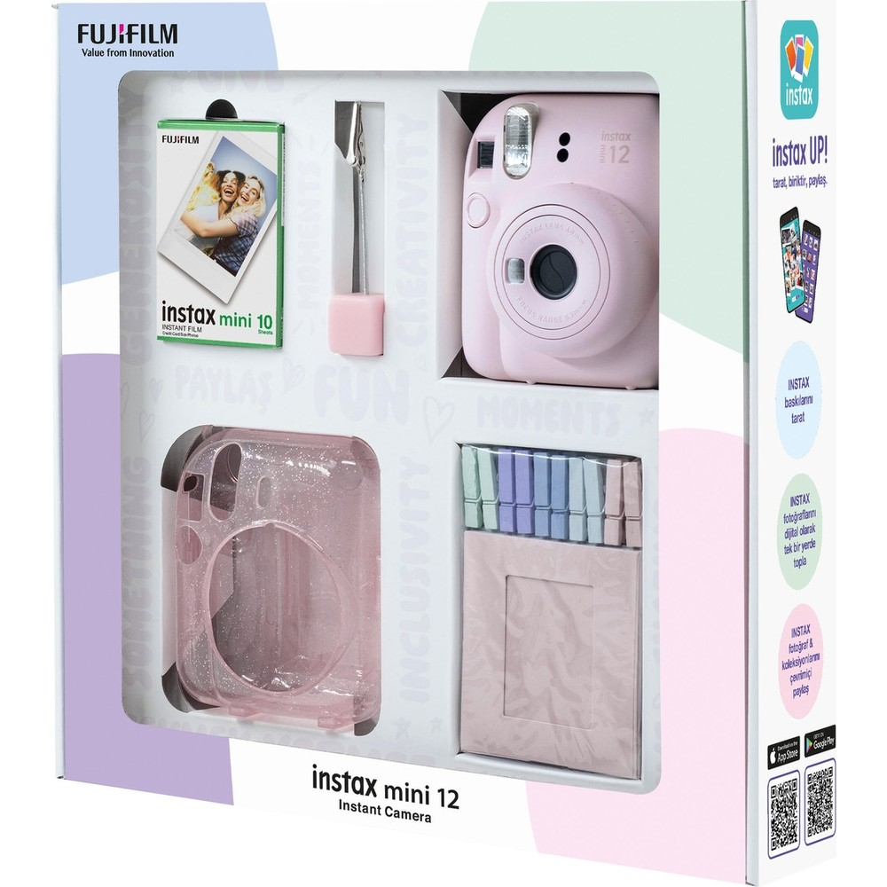 Pembe Instax Mini 12 anında kamera seti; film, kılıf ve çerçeve içerir.