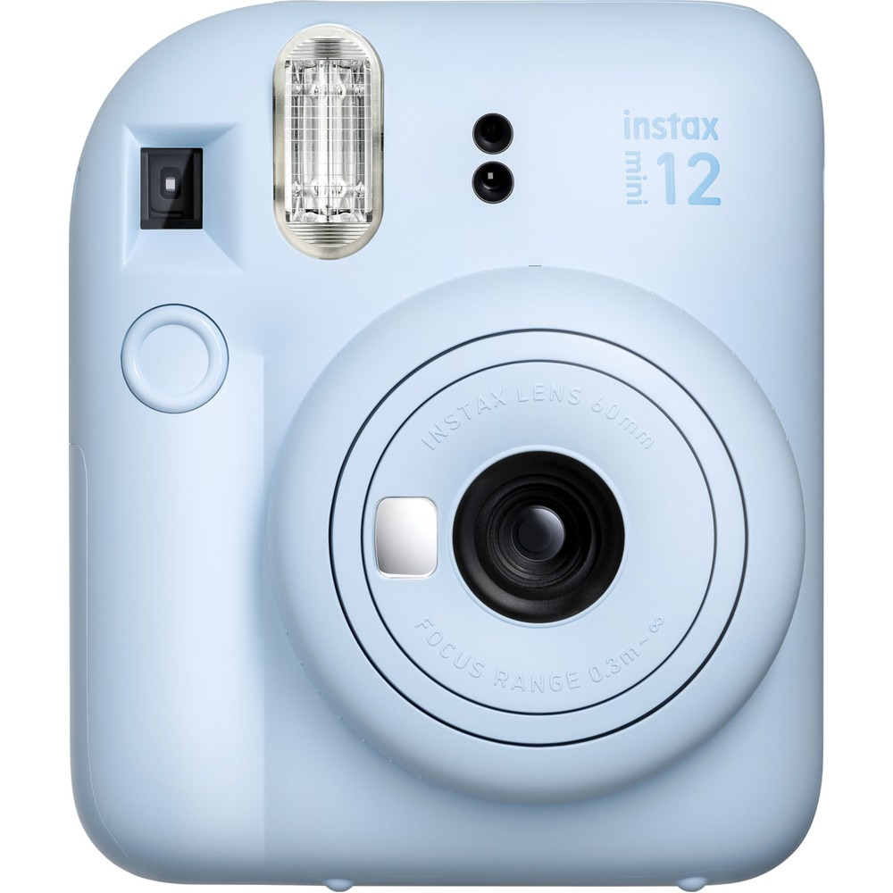 Flaşlı ve lensli açık mavi Instax 12 anında fotoğraf makinesi.