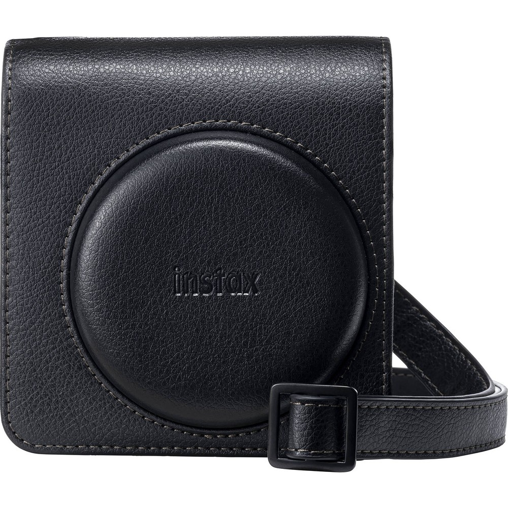 Dairesel lens kesimli, askılı siyah deri Instax kamera kılıfı.