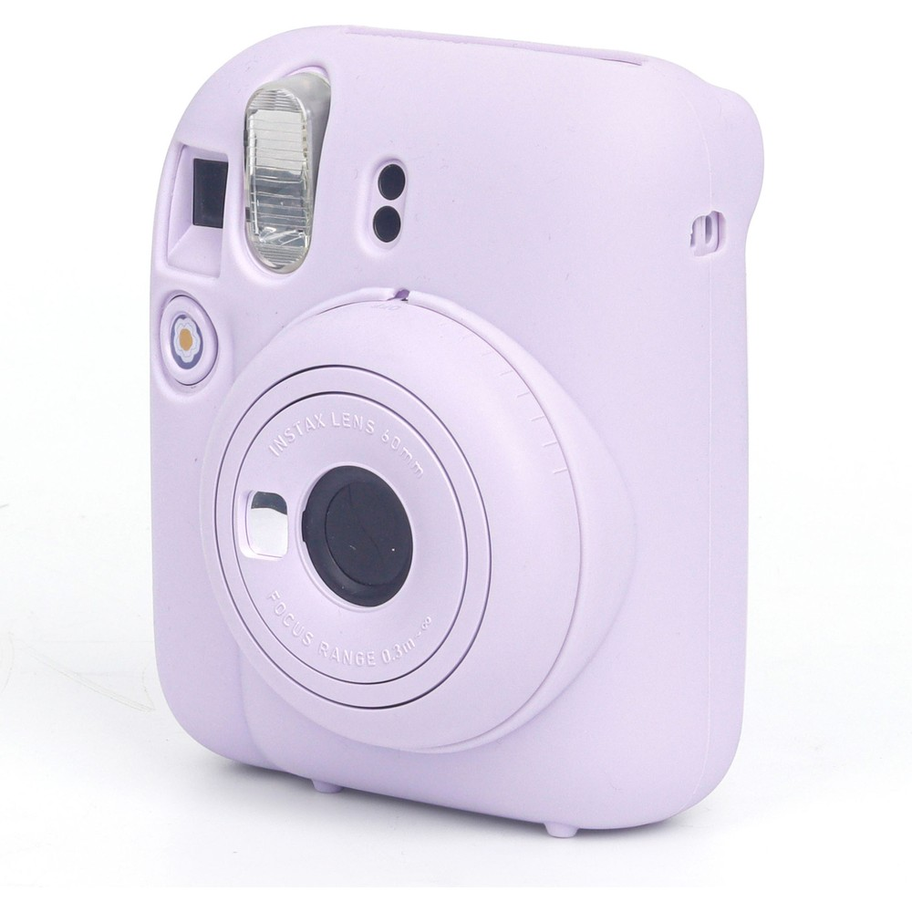 Flaşlı ve lensli lavanta rengi anlık fotoğraf makinesi.