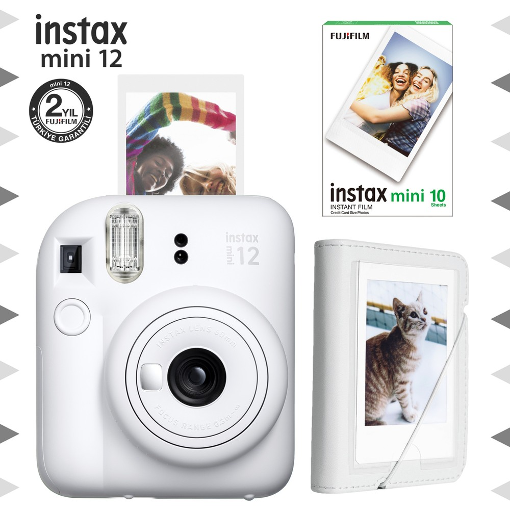 Film ve kedi fotoğraflı beyaz Instax Mini 12 kamera.
