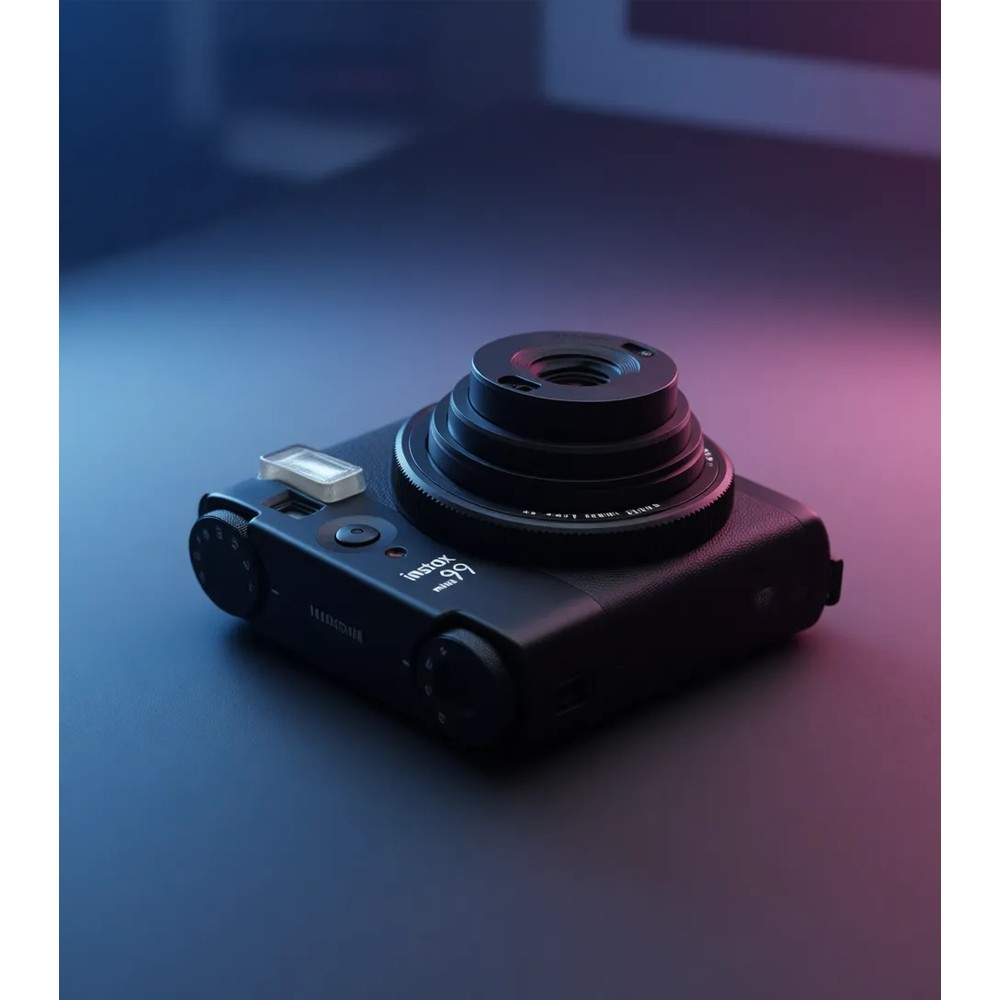 Siyah Instax Mini 99 anında fotoğraf makinesi, lens ve flaşlı, karanlık arka plan üzerinde.