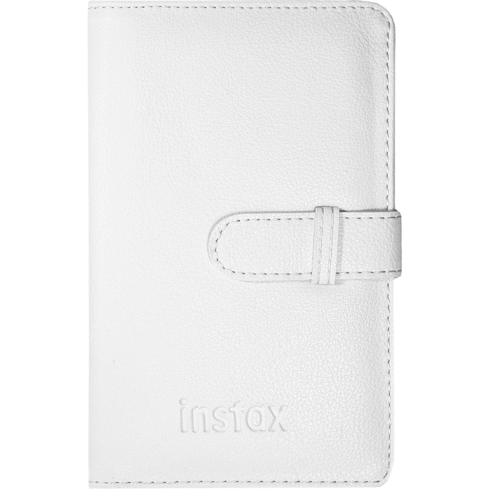 Instax logolu beyaz deri çanta, kayış kapamalı.