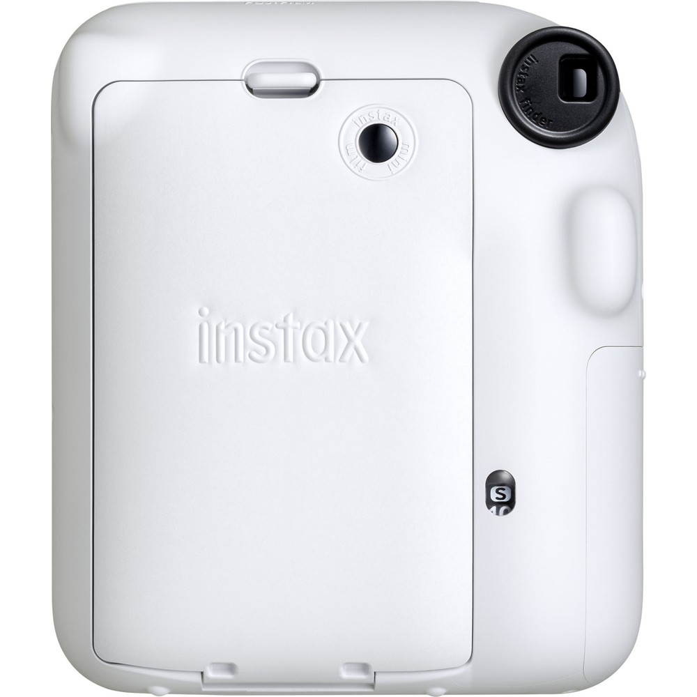 Beyaz Instax kamera arkadan görünüm, vizör ve film sayacı mevcut.