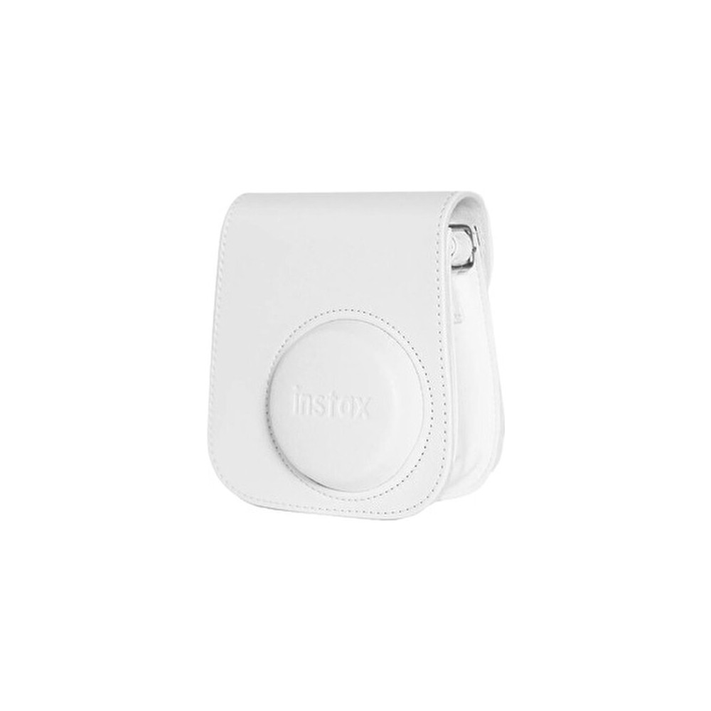 Instax logolu beyaz deri anında fotoğraf makinesi çantası.