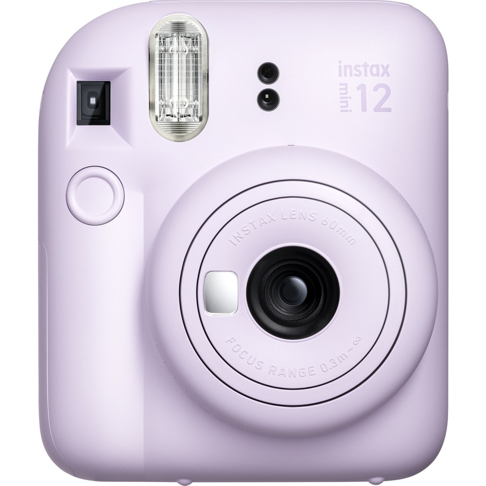 Flaşlı ve lensli lavanta rengi Instax 12 anlık kamera.