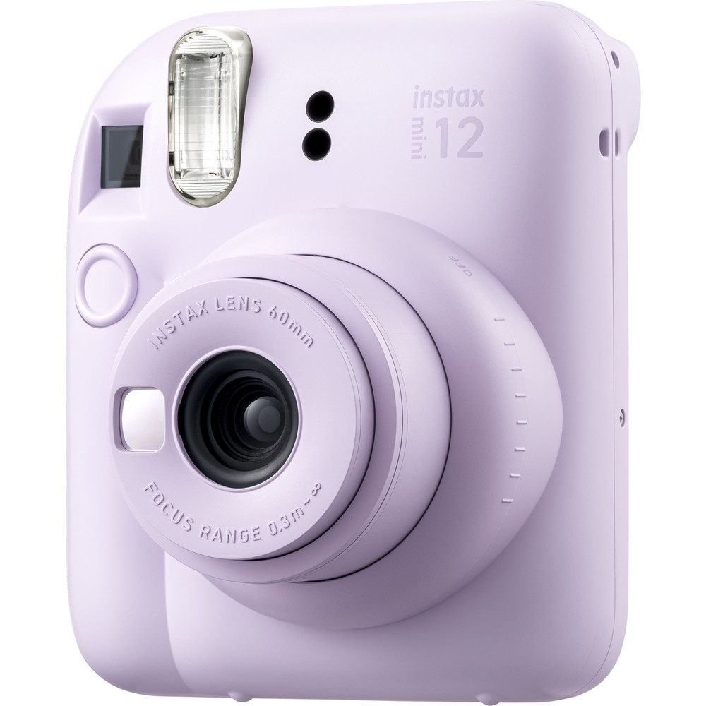 Instax Mini 12 logolu lavanta rengi anında fotoğraf makinesi.