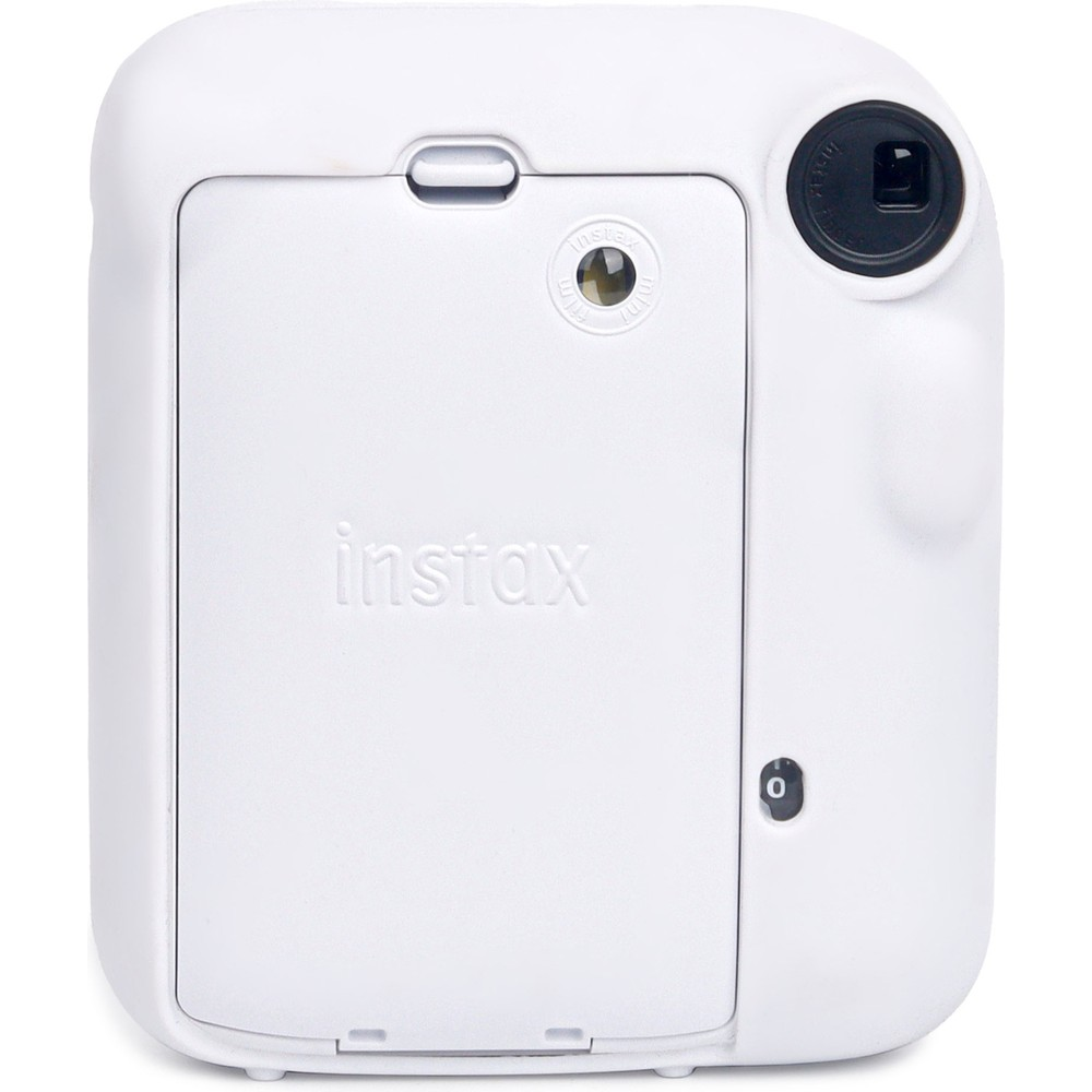 Lensli ve film yükleme göstergeli beyaz Instax anlık fotoğraf makinesinin arkası.