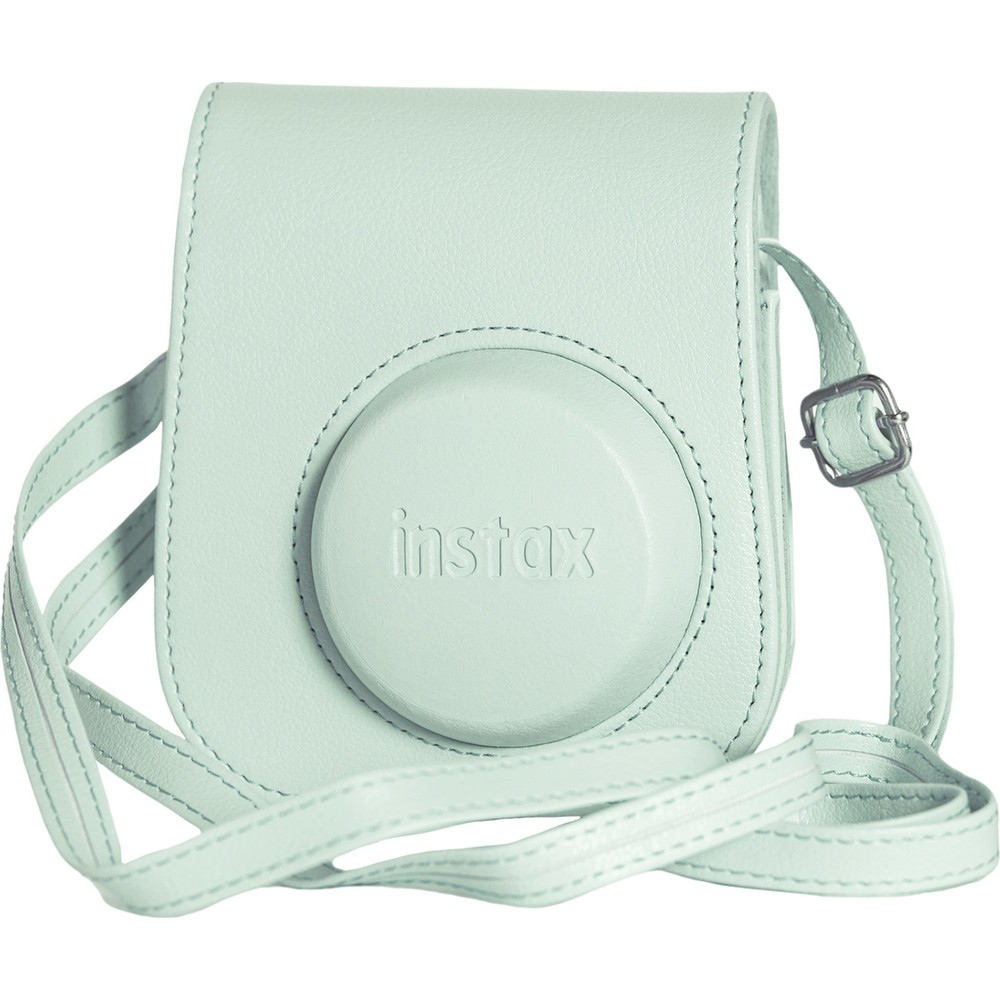 Açık nane yeşili deri Instax kamera çantası, askılı ve tokalı.