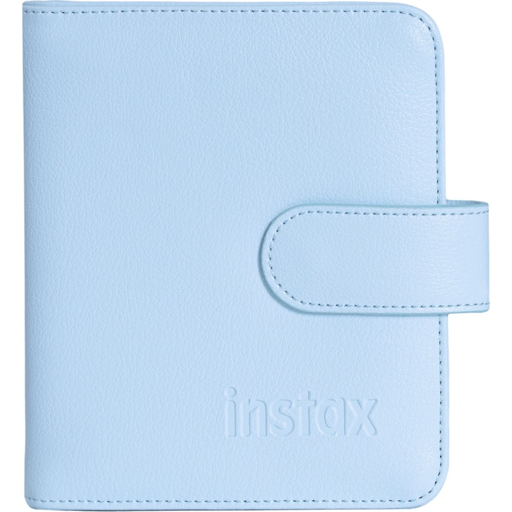 Açık mavi Instax fotoğraf albümü kapağı, kayışlı kapamalı.
